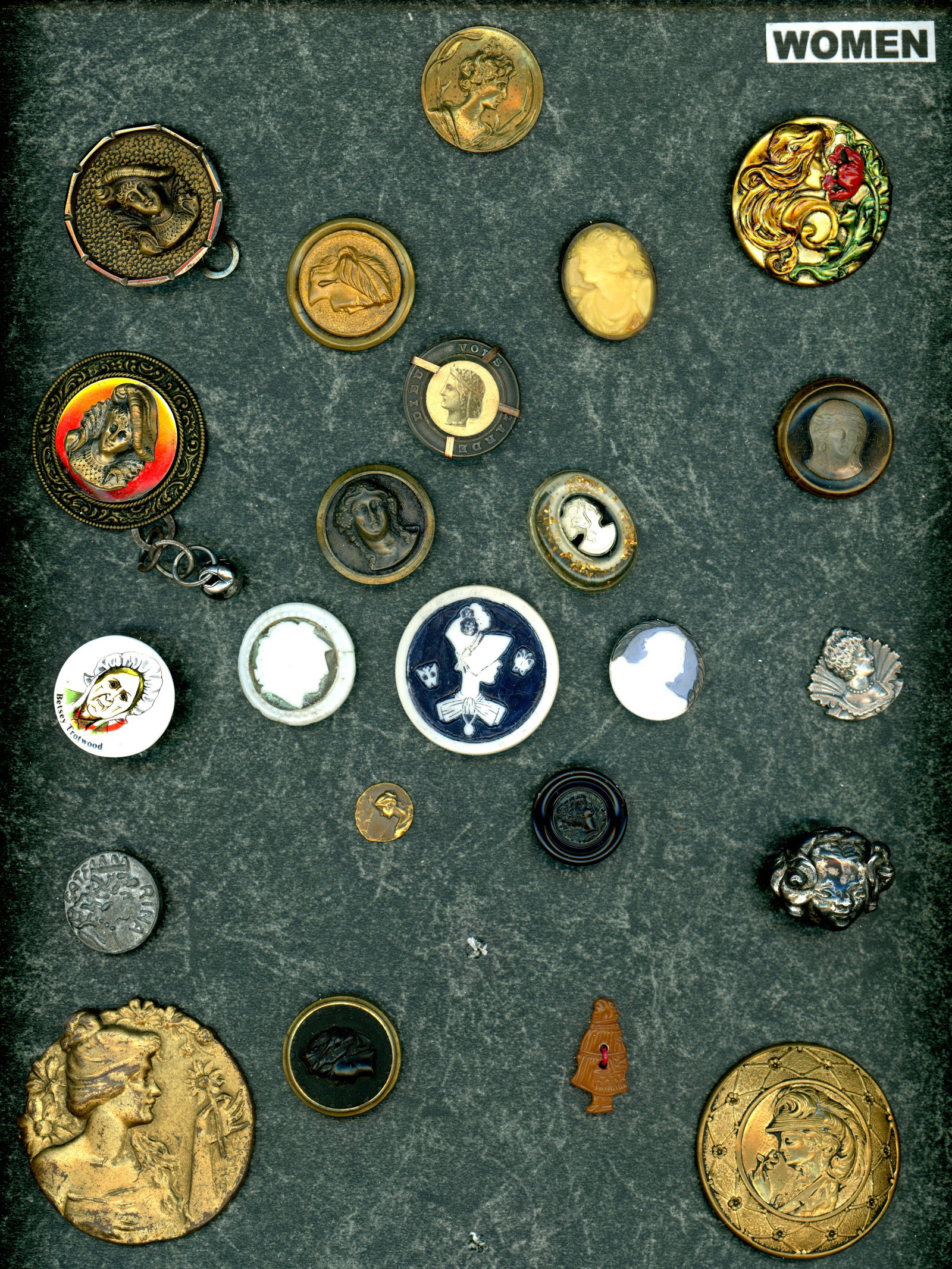 A CARD OF DIVISION ONE AND THREE WOMEN BUTTONS (1 of 4)