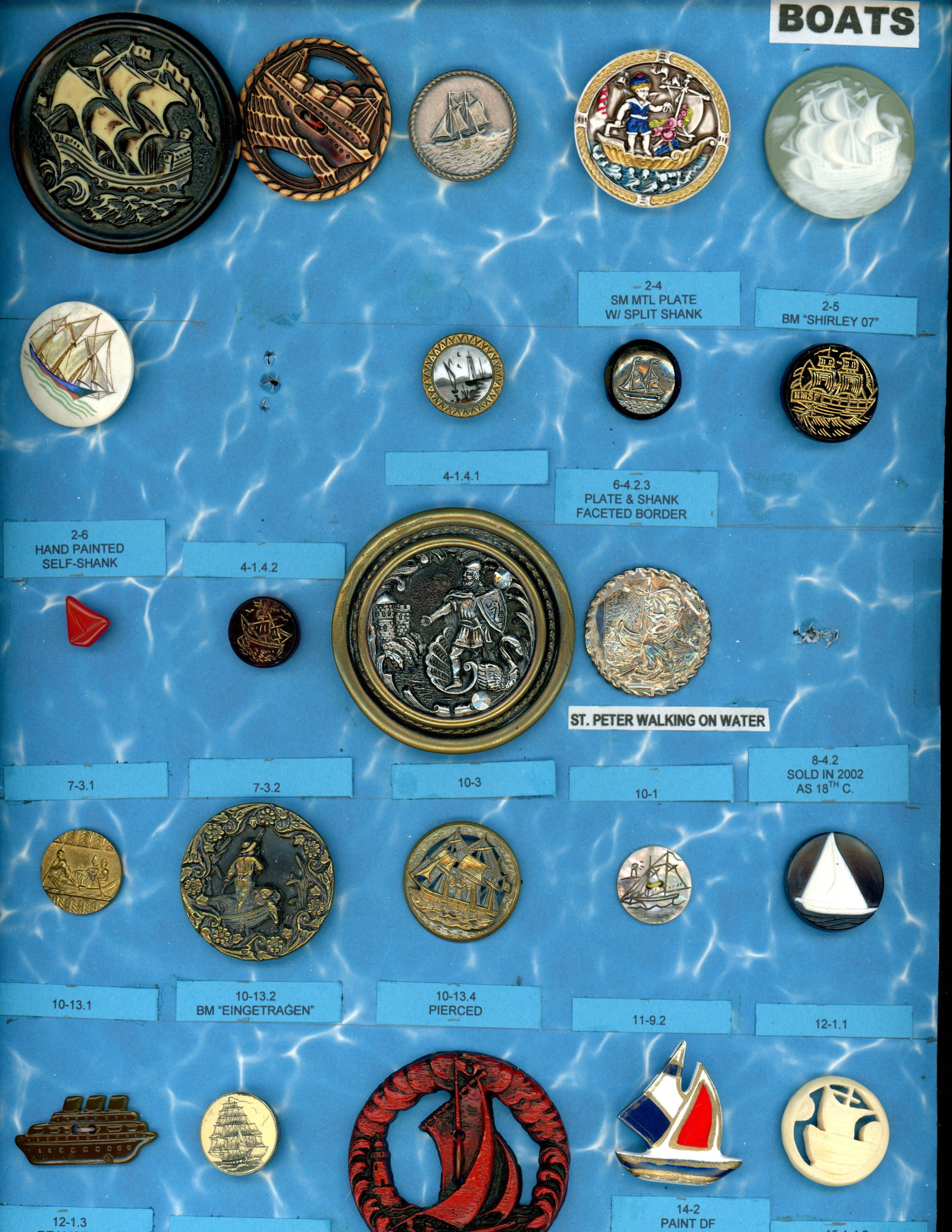 A CARD OF DIVISION ONE AND THREE BOATING BUTTONS: 23 S/M/L 19th/20th century assorted material examples. This card includes enamel, metals including hallmarked silver, Burwood, pearl, Celluloid, ceramics and more.