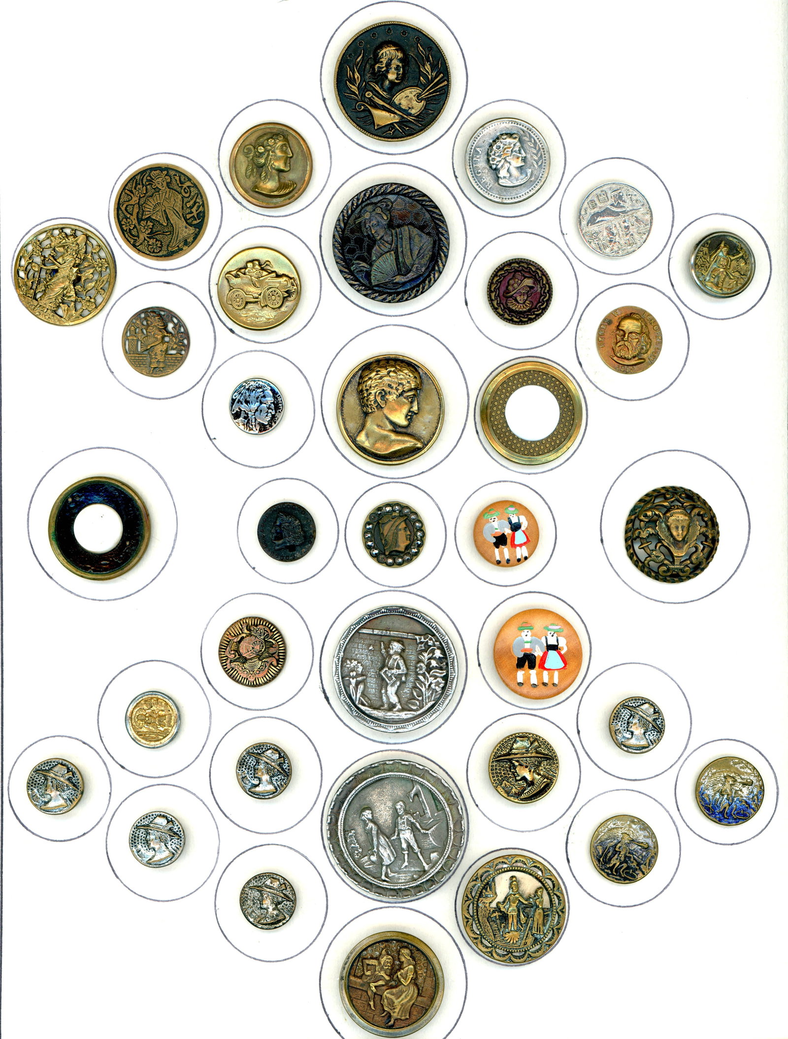 A CARD OF DIVISION ONE AND THREE PICTURE BUTTONS: 35 S/M/L 19th/20th century heads and full figure examples. This card includes different metals like brass, pewter, cut steel OME, a couple of wood examples and more