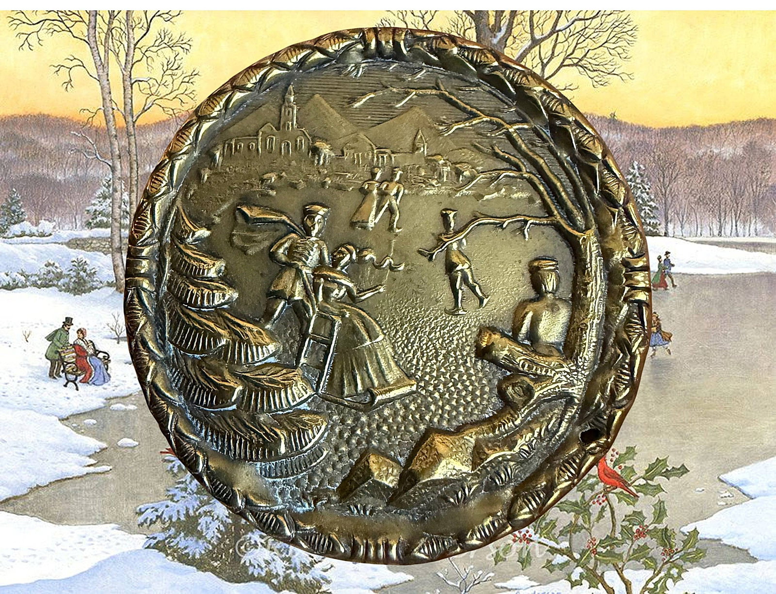 A DIVISION ONE BRASS BUTTON OF SKATERS: 1 Extra Large 19th century detailed example. This button may no longer be considered "Skating in Central Park" but I'm still kind of old school and think of this example still with that title although
