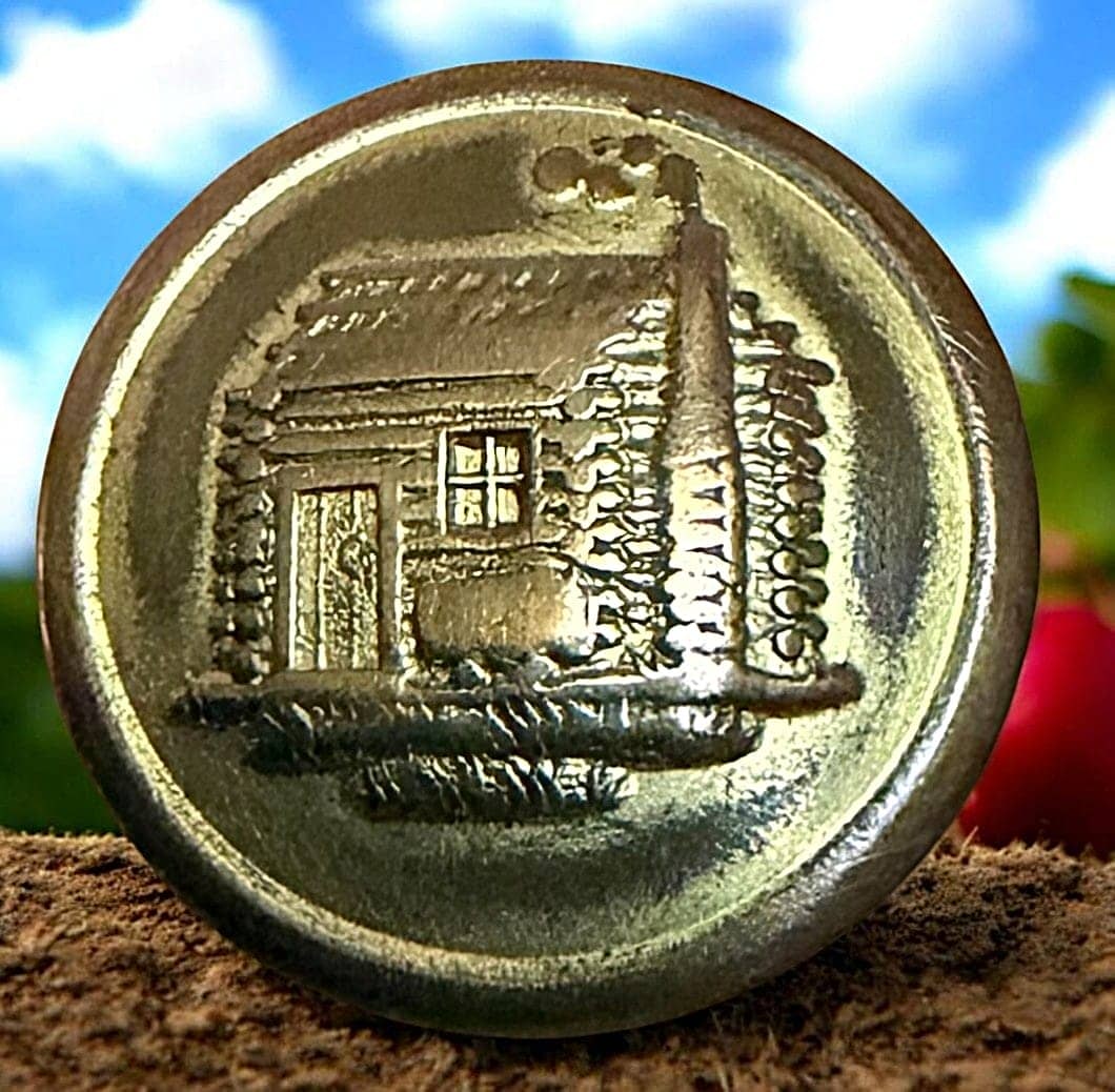 A DIVISION ONE BRASS ARCHITECTURAL BUTTON: 1 Medium size backmarked Harrison Campaign "Log Cabin" example. DimensionsSM=Less than 3/4", Medium=3/4" to 1 1/4". Large=1 1/4" and above, extra large=1 3/4" and above Date or EraDIVISION 1=PRE 1918