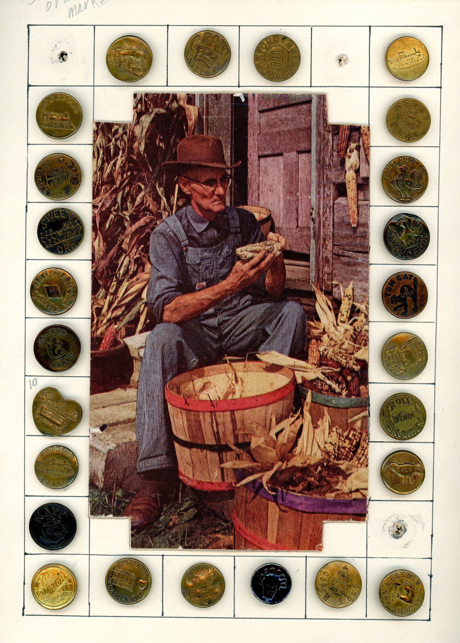 A CARD OF DIVISION ONE WOBBLE SHANK BUTTONS: 25 S/M/ 19th/20th century advertising overall examples. DimensionsSM=Less than 3/4", Medium=3/4" to 1 1/4". Large=1 1/4" and above, extra large=1 3/4" and above Date or EraDIVISION 1=PRE 1918 AND