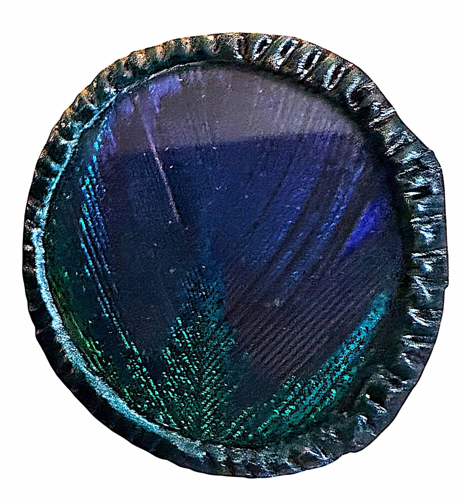 A DIVISION THREE COUTURE STUDIO BUTTON: 1 Large 20th C. crafted Couture button with a Peacock feather. DimensionsSM=Less than 3/4", Medium=3/4" to 1 1/4". Large=1 1/4" and above, extra large=1 3/4" and above Date or EraDIVISION 1=PRE 1918 A