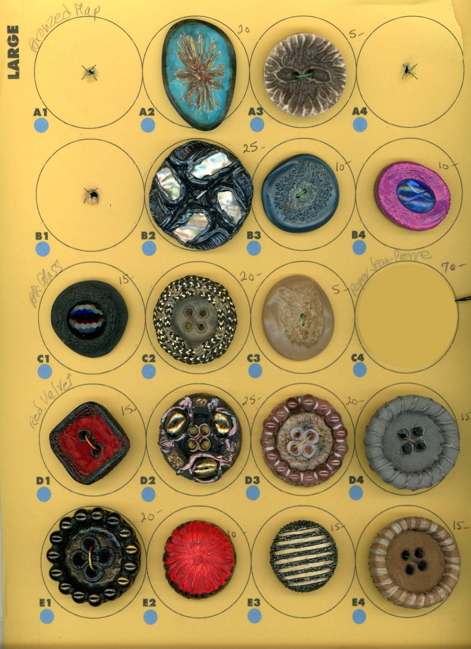 A CARD OF DIVISION THREE COUTURE STUDIO BUTTON: 16 Large 20th C. assorted crafted Couture buttons. DimensionsSM=Less than 3/4", Medium=3/4" to 1 1/4". Large=1 1/4" and above, extra large=1 3/4" and above Date or EraDIVISION 1=PRE 1918 AND DIVISION