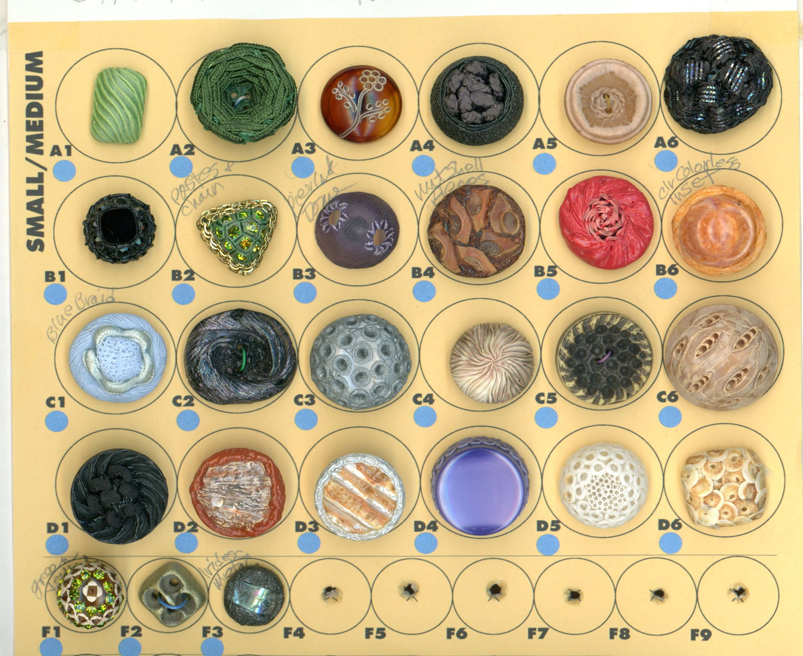 A PARTIAL CARD OF DIVISION THREE COUTURE STUDIO BUTTON: 27 Medium 20th C. assorted crafted Couture buttons. DimensionsSM=Less than 3/4", Medium=3/4" to 1 1/4". Large=1 1/4" and above, extra large=1 3/4" and above Date or EraDIVISION 1=PRE 1918 AND DIVISION