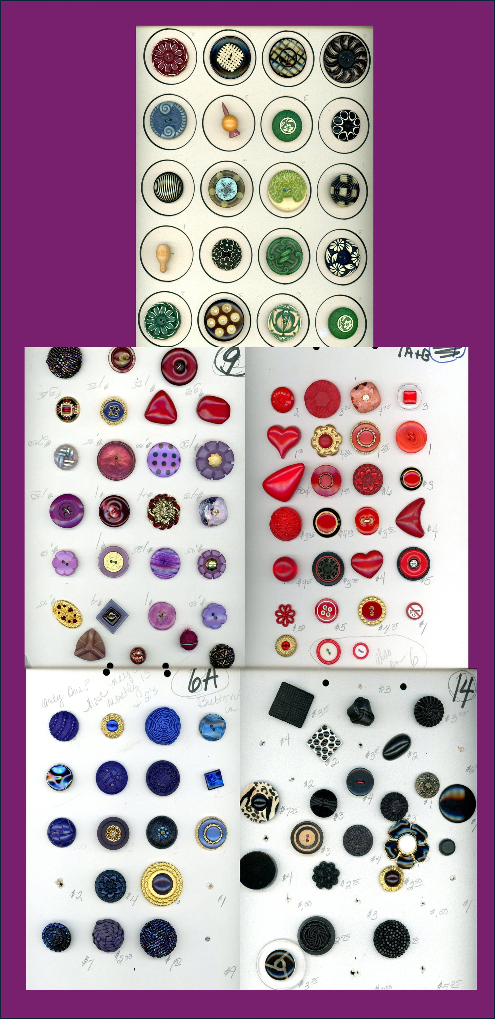 A BOX LOT OF 5 CARDS OF BUTTONS: 112 S/M/L 20th C. assorted plastic examples including celluloid. DimensionsSM=Less than 3/4", Medium=3/4" to 1 1/4". Large=1 1/4" and above, extra large=1 3/4" and above Date or EraDIVISION 1=PRE