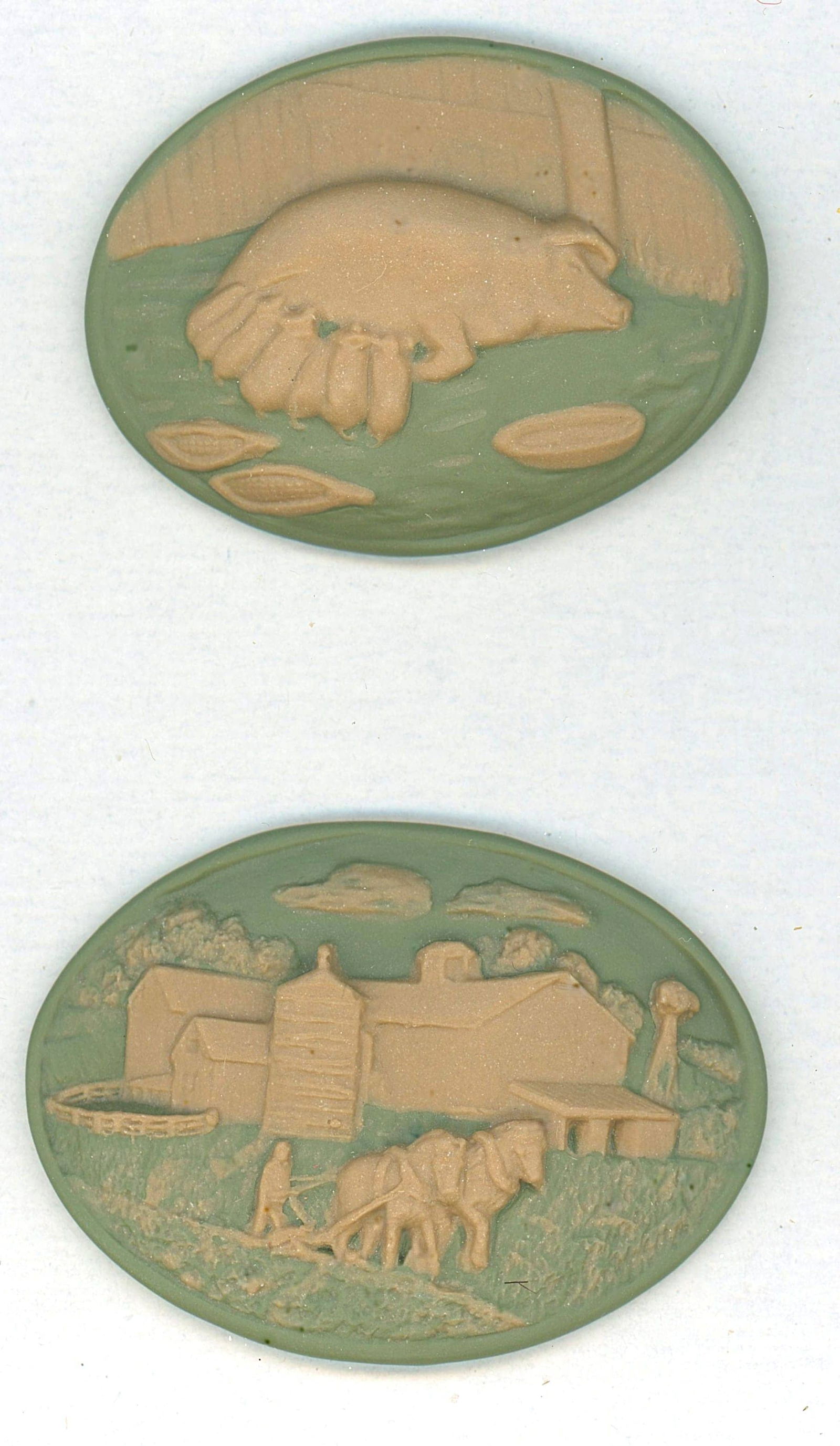 A SMALL CARD OF DIVISION THREE STUDIO ARTIST BUTTONS: 2 Extra Large 20th century special edition examples by Rzanski. DimensionsSM=Less than 3/4", Medium=3/4" to 1 1/4". Large=1 1/4" and above, extra large=1 3/4" and above Date or EraDIVISION 1=PRE 1918