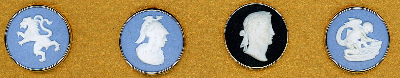 A SELECTION OF DIVISION THREE WEDGWOOD BUTTONS: 4 Medium 20th century Wedgwood in metal buttons. DimensionsSM=Less than 3/4", Medium=3/4" to 1 1/4". Large=1 1/4" and above, extra large=1 3/4" and above Date or EraDIVISION 1=PRE 1918 AND DIVISION