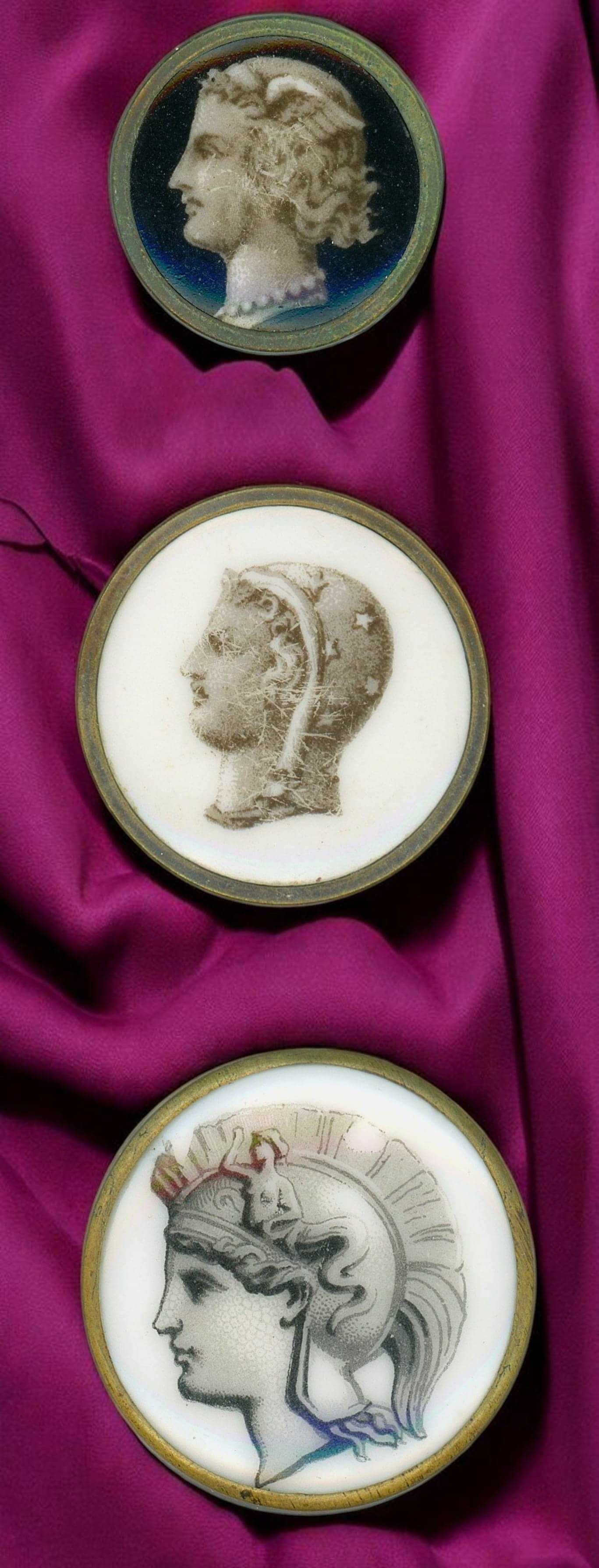 A SMALL CARD OF DIVISION ONE PORCELAIN BUTTONS: 3 Medium/Large 19th century "Liverpool" transfer examples. DimensionsSM=Less than 3/4", Medium=3/4" to 1 1/4". Large=1 1/4" and above, extra large=1 3/4" and above Date or EraDIVISION 1=PRE 1918