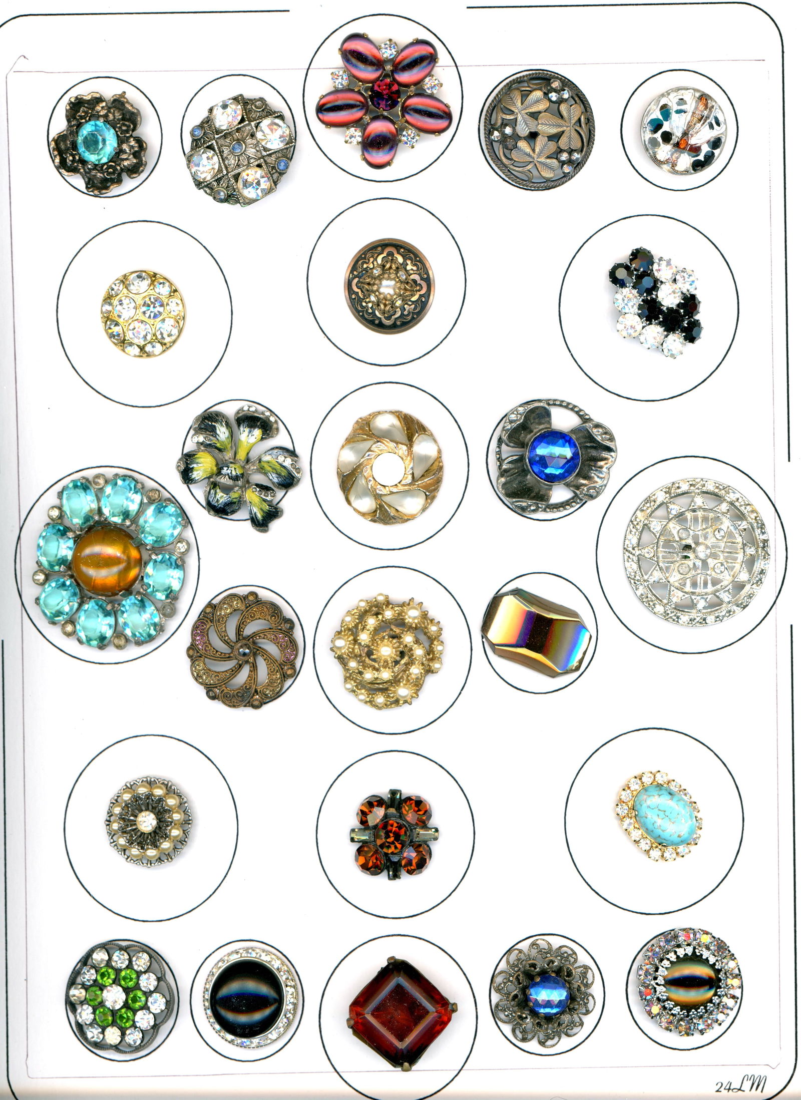 A CARD OF DIVISION 1 & 3 JEWELED BUTTONS: 24 Medium/Large 19th/20th century sparkling examples. DimensionsSM=Less than 3/4", Medium=3/4" to 1 1/4". Large=1 1/4" and above, extra large=1 3/4" and above Date or EraDIVISION 1=PRE 1918 AND DIVISI