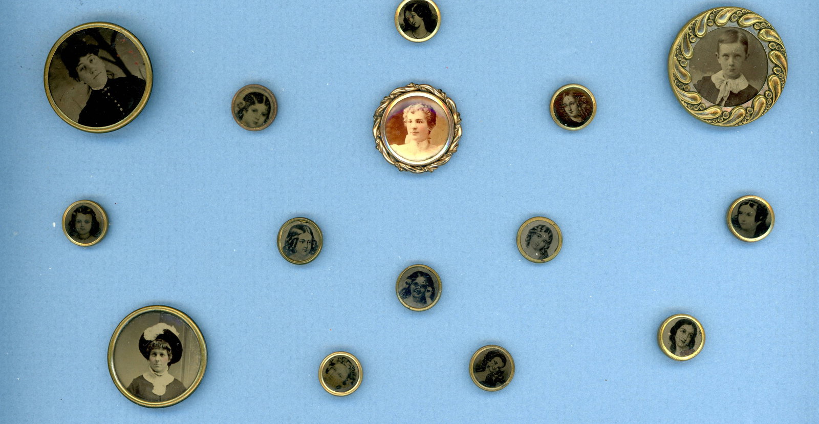 A PARTIAL CARD OF DIVISION 1 PHOTOGRAPHIC BUTTONS: 15 Small/Medium 19th century assorted examples. DimensionsSM=Less than 3/4", Medium=3/4" to 1 1/4". Large=1 1/4" and above, extra large=1 3/4" and above Date or EraDIVISION 1=PRE 1918 AND DIVISION 3