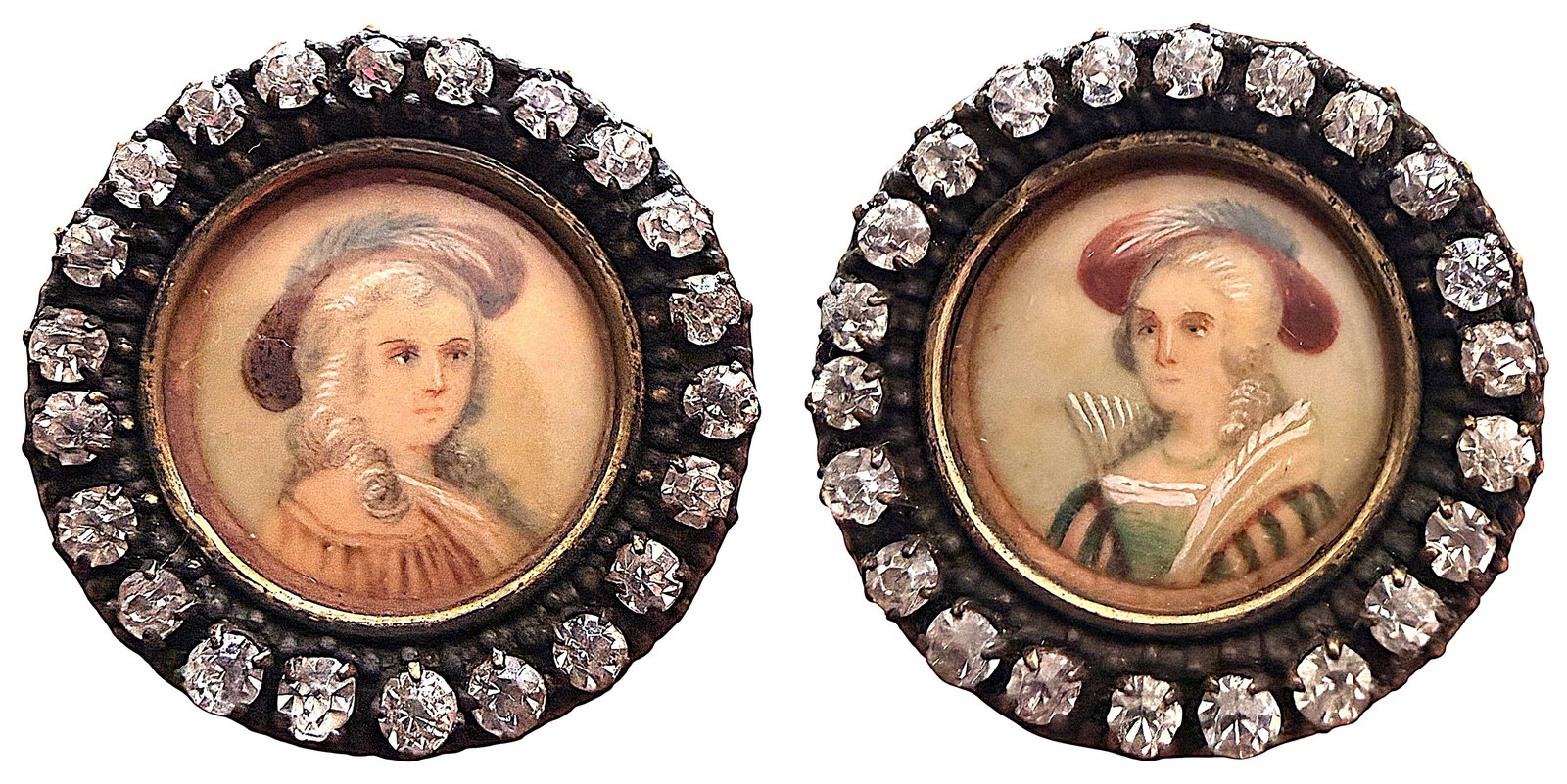 A PAIR OF DIVISION ONE UNDER GLASS BUTTONS: 2 Medium 19th C. hand painted under glass paste border examples. DimensionsSM=Less than 3/4", Medium=3/4" to 1 1/4". Large=1 1/4" and above, extra large=1 3/4" and above Date or EraDIVISION 1=PRE
