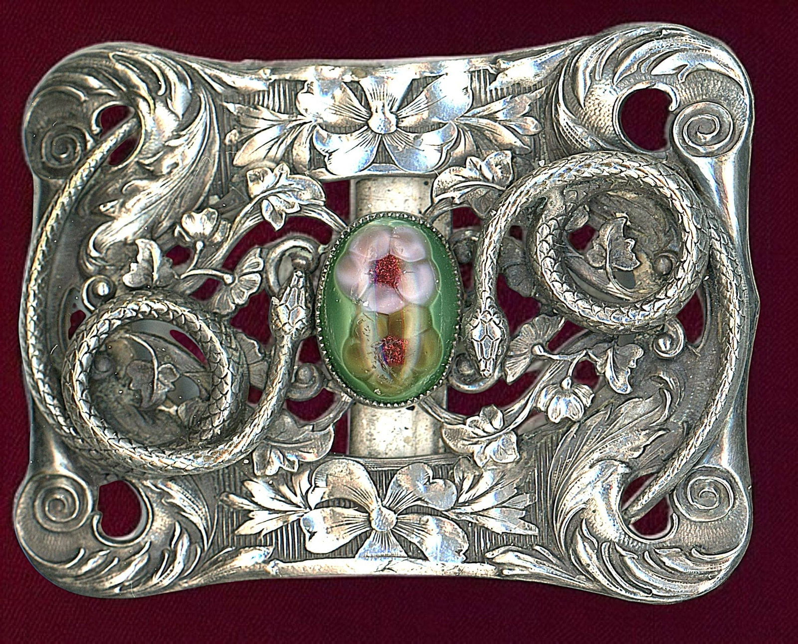 A DIVISION ONE SILVER AND GLASS BUCKLE: 1 Large 19th century one piece pictorial example. DimensionsSM=Less than 3/4", Medium=3/4" to 1 1/4". Large=1 1/4" and above, extra large=1 3/4" and above Date or EraDIVISION 1=PRE 1918 AND DIVISION 3