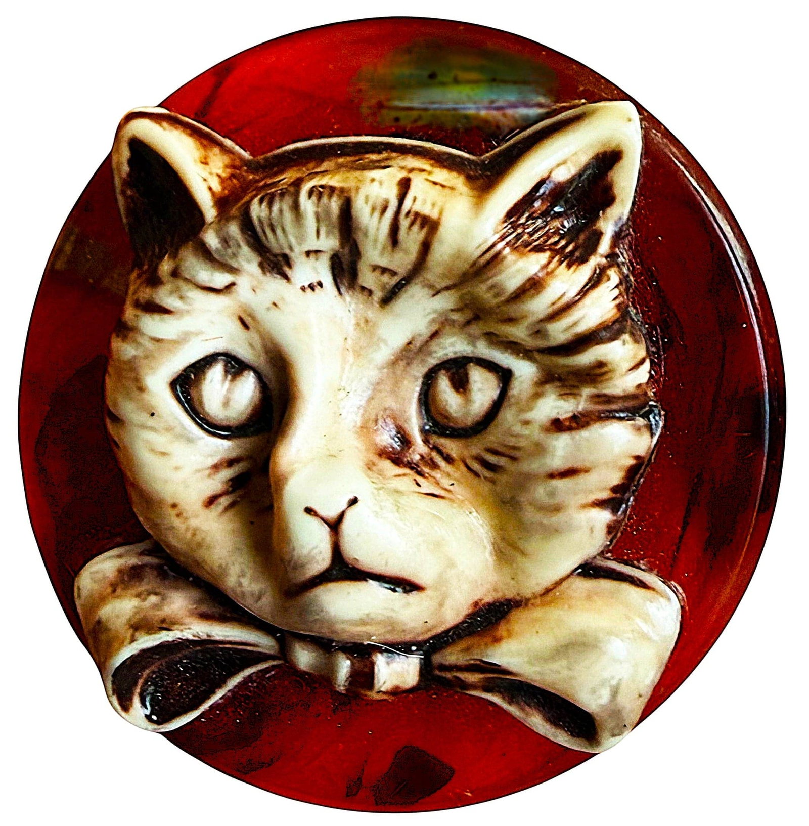 A DIVISION THREE TWO MATERIAL CAT BUTTON: 1 Large 1930's mock tortoise Bakelite & celluloid high relief example. DimensionsSM=Less than 3/4", Medium=3/4" to 1 1/4". Large=1 1/4" and above, extra large=1 3/4" and above Date or EraDIVISION 1=PR