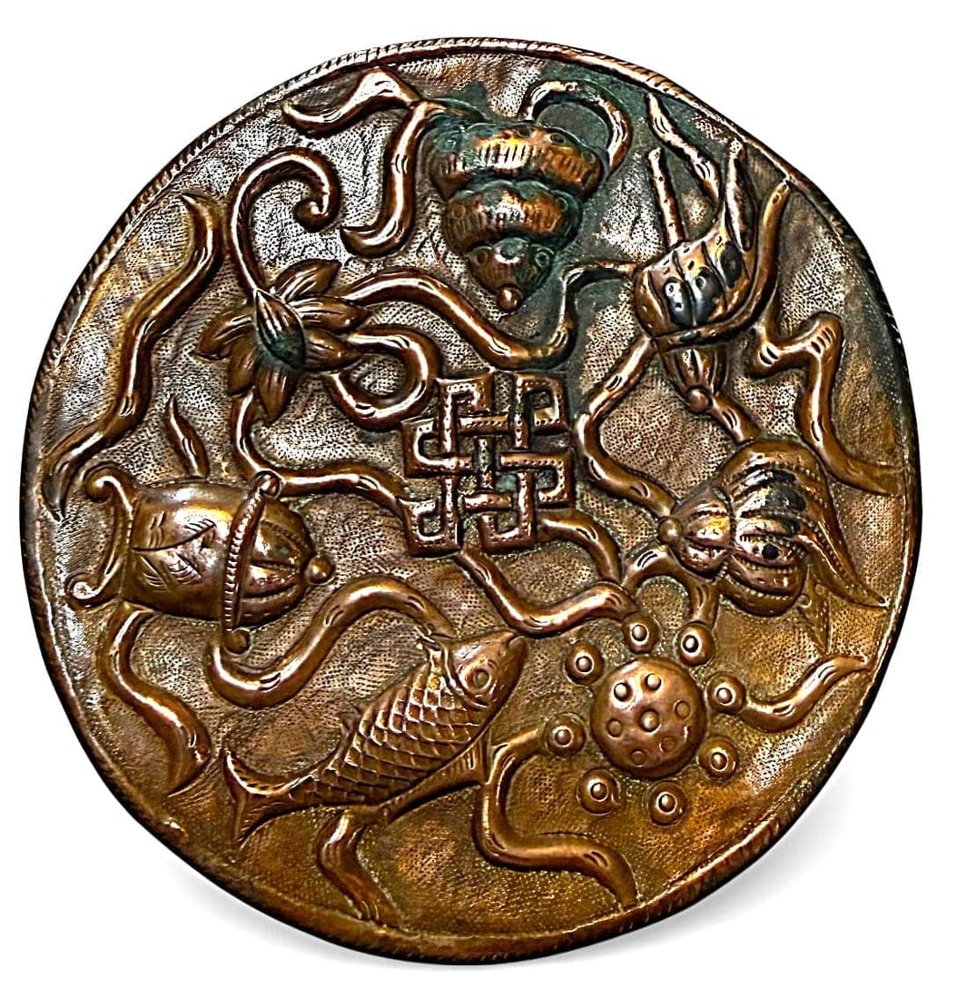 A DIVISION ONE REPOUSSE COPPER BUTTON: 1 Extra large approx. 4" copper Chinese Sea Creatures button. DimensionsSM=Less than 3/4", Medium=3/4" to 1 1/4". Large=1 1/4" and above, extra large=1 3/4" and above Date or EraDIVISION 1=PRE 1918 AN
