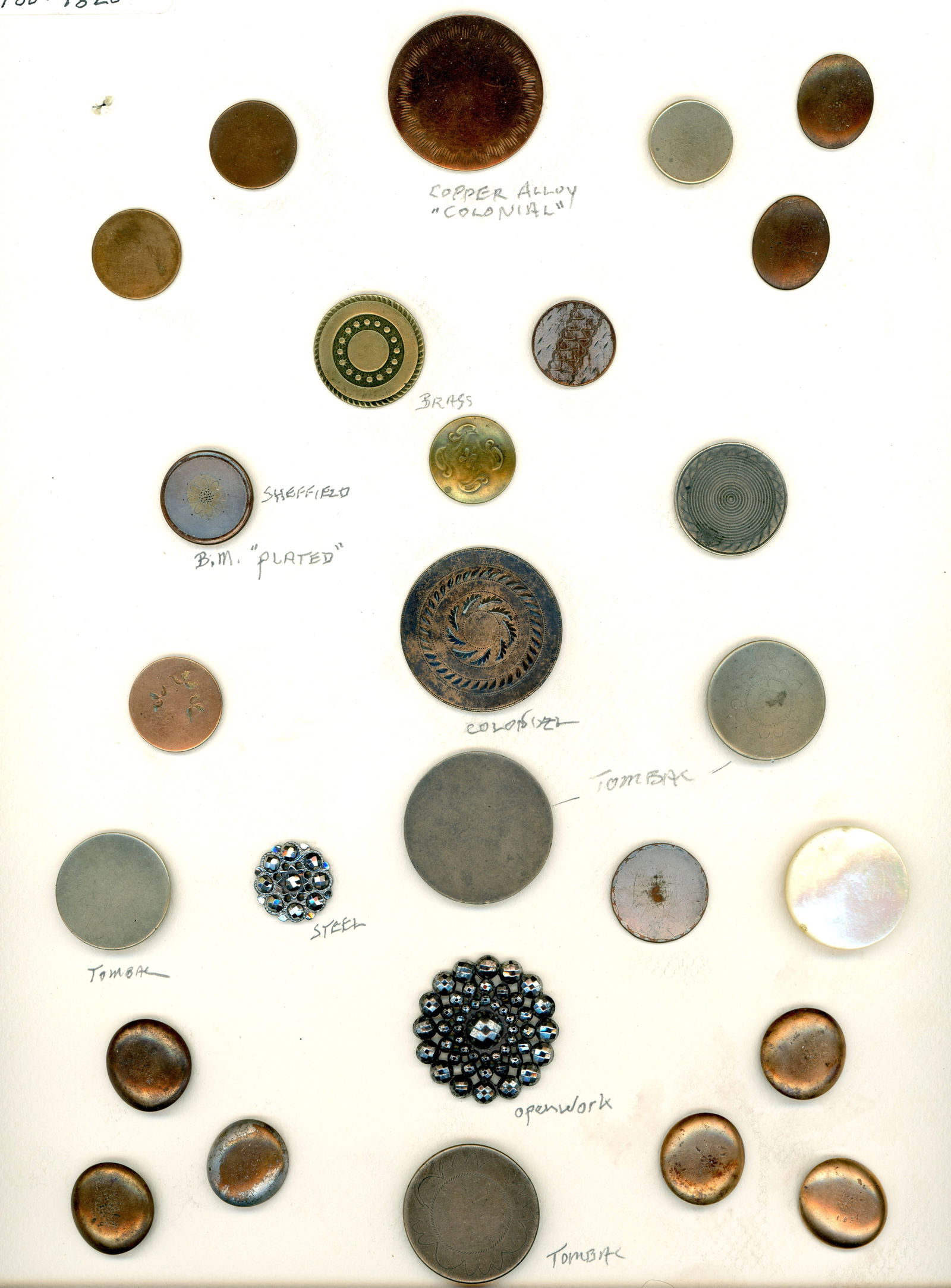 A CARD OF DIVISION ONE EARLY METAL BUTTONS: 27 S/M/L 18th and early 19th century examples including Tombac. DimensionsSM=Less than 3/4", Medium=3/4" to 1 1/4". Large=1 1/4" and above, extra large=1 3/4" and above Date or EraDIVISION 1=PRE 1918