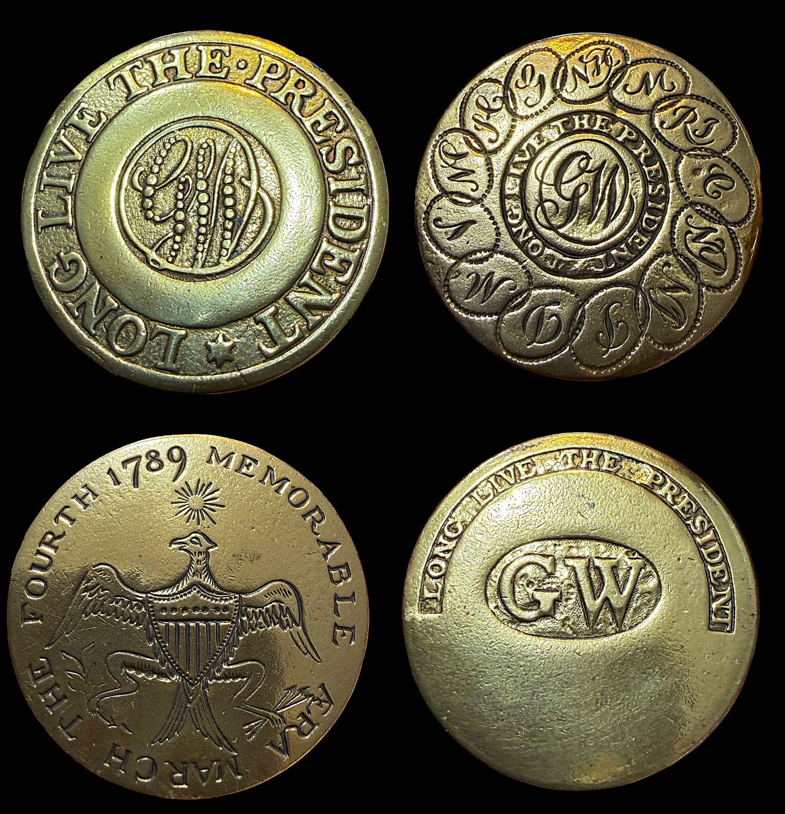 A SET OF DIVISION THREE GW INAUGURAL BUTTONS: 4 different Large 1970's reproduction examples. DimensionsSM=Less than 3/4", Medium=3/4" to 1 1/4". Large=1 1/4" and above, extra large=1 3/4" and above Date or EraDIVISION 1=PRE 1918 AND DIVISION