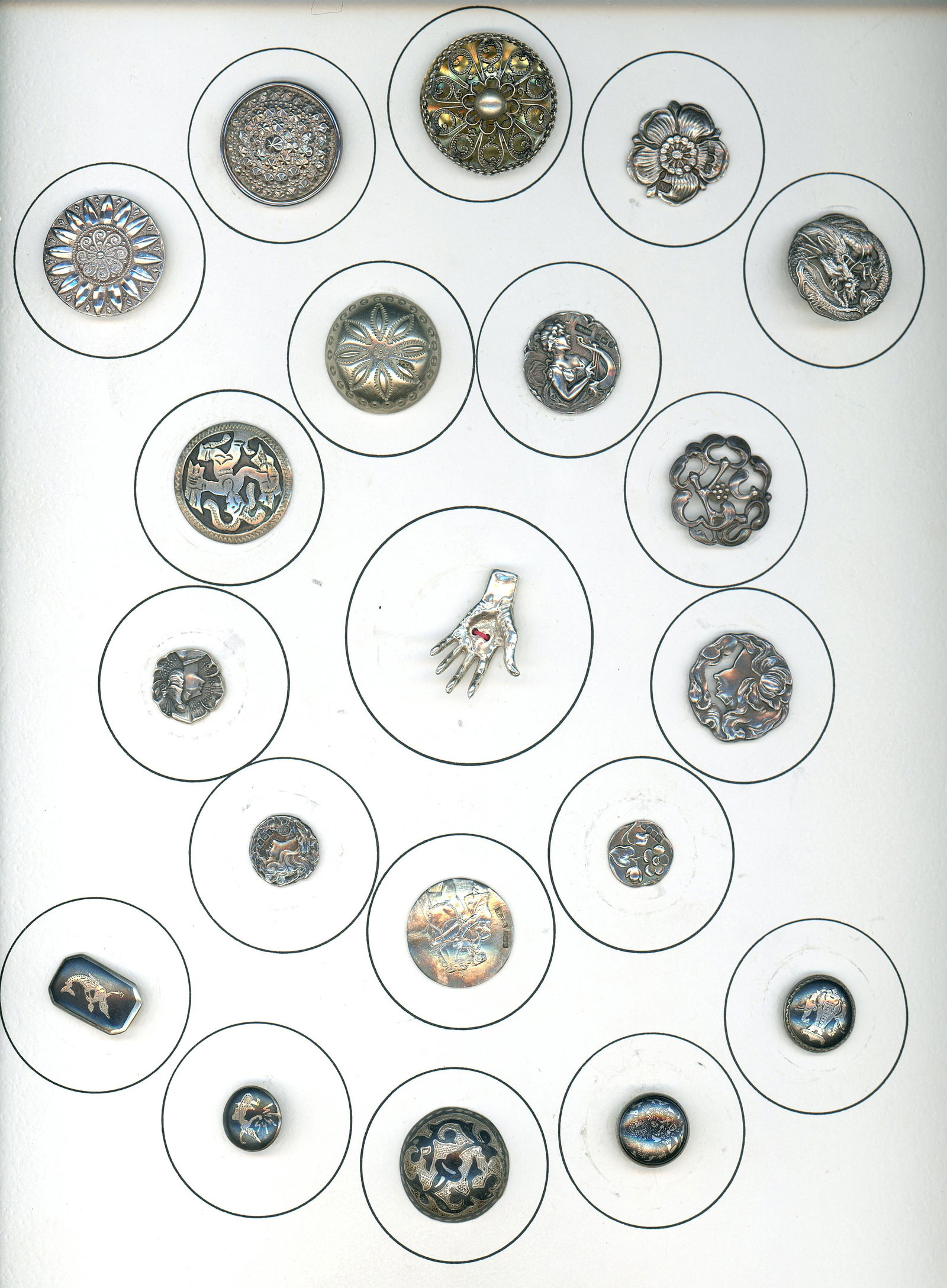 A CARD OF DIVISION ONE AND THREE SILVER BUTTONS: 20 Small/Medium 19th/20th century examples including hallmarked. DimensionsSM=Less than 3/4", Medium=3/4" to 1 1/4". Large=1 1/4" and above, extra large=1 3/4" and above Date or EraDIVISION 1=PRE 1918