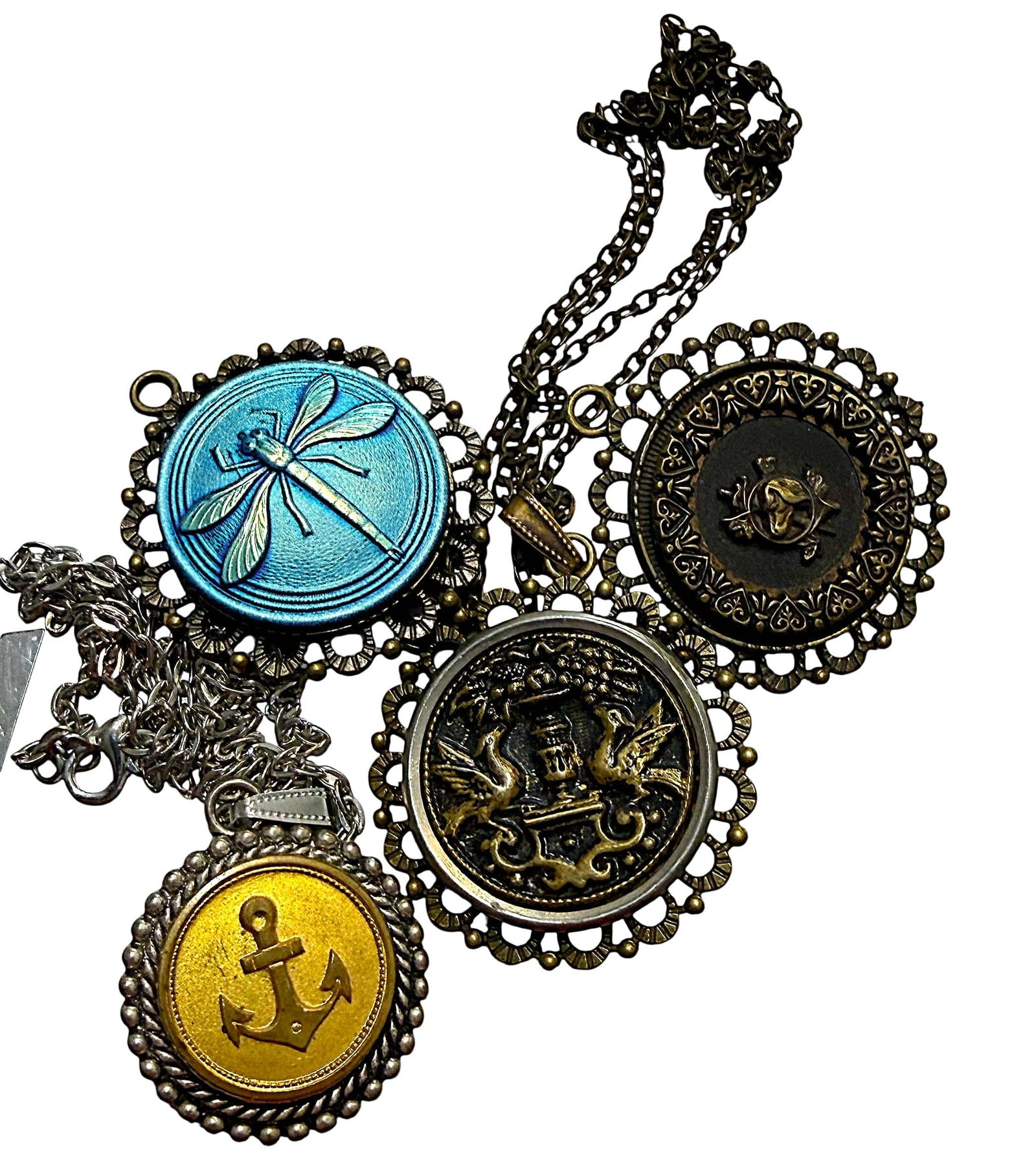 A SELECTION OF BUTTON JEWLRY: 4 necklaces with 19th or 20th century buttons. DimensionsSM=Less than 3/4", Medium=3/4" to 1 1/4". Large=1 1/4" and above, extra large=1 3/4" and above Date or EraDIVISION 1=PRE 1918 AND DIVISION 3