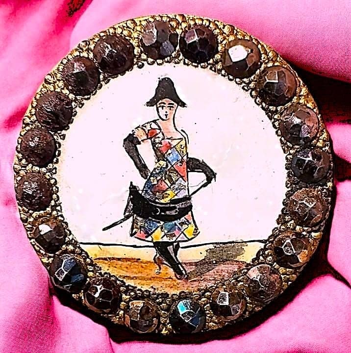 A DIVISION ONE POLYCHROME ENAMEL FIGURAL BUTTON: 1 Medium 19th century cut steel border example. DimensionsSM=Less than 3/4", Medium=3/4" to 1 1/4". Large=1 1/4" and above, extra large=1 3/4" and above Date or EraDIVISION 1=PRE 1918 AND DIVISION 3 I