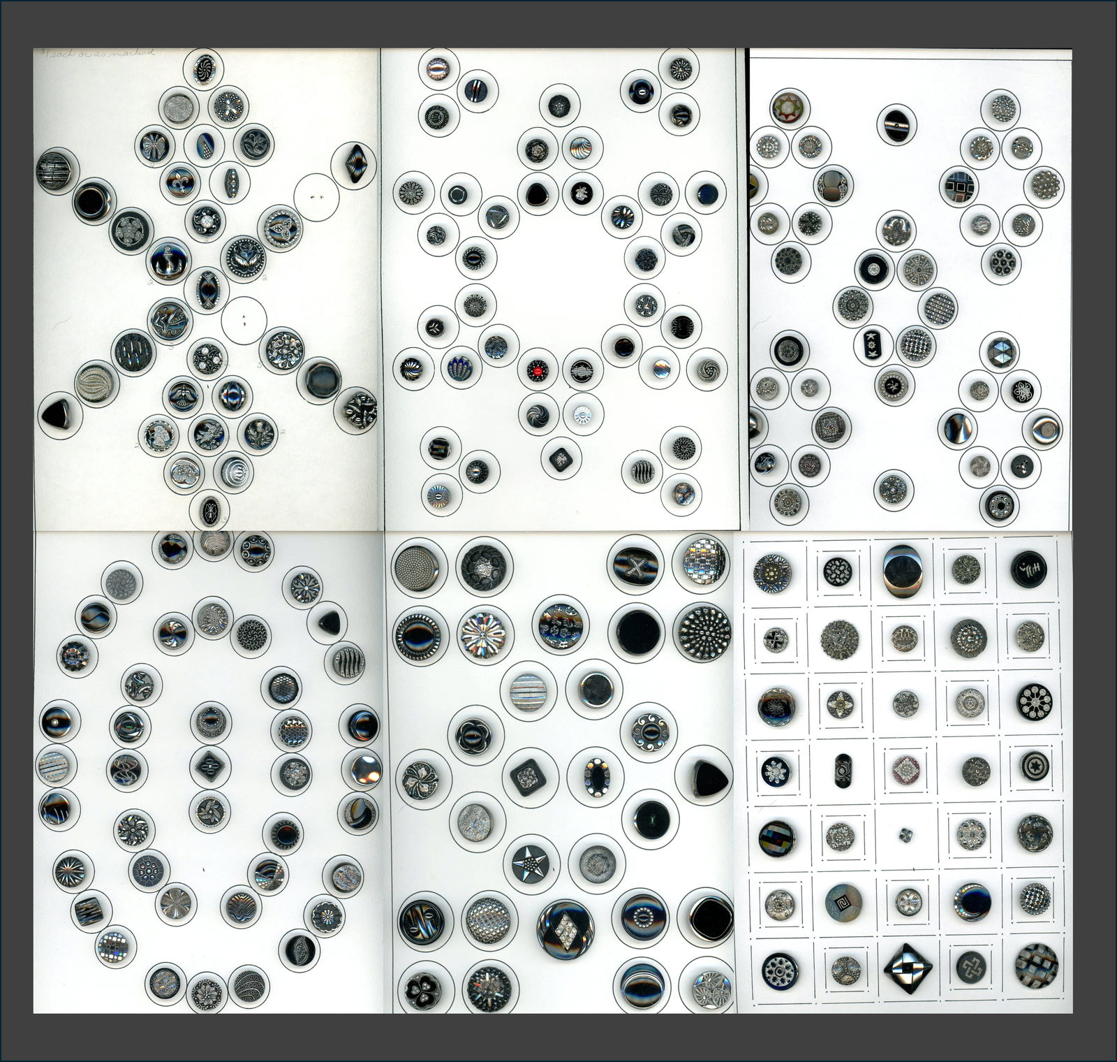 A BOX LOT OF 6 CARDS OF BUTTONS: 224 Small/Medium 19th/20th C. assorted black glass examples. DimensionsSM=Less than 3/4", Medium=3/4" to 1 1/4". Large=1 1/4" and above, extra large=1 3/4" and above Date or EraDIVISION 1=PRE 1918 AND