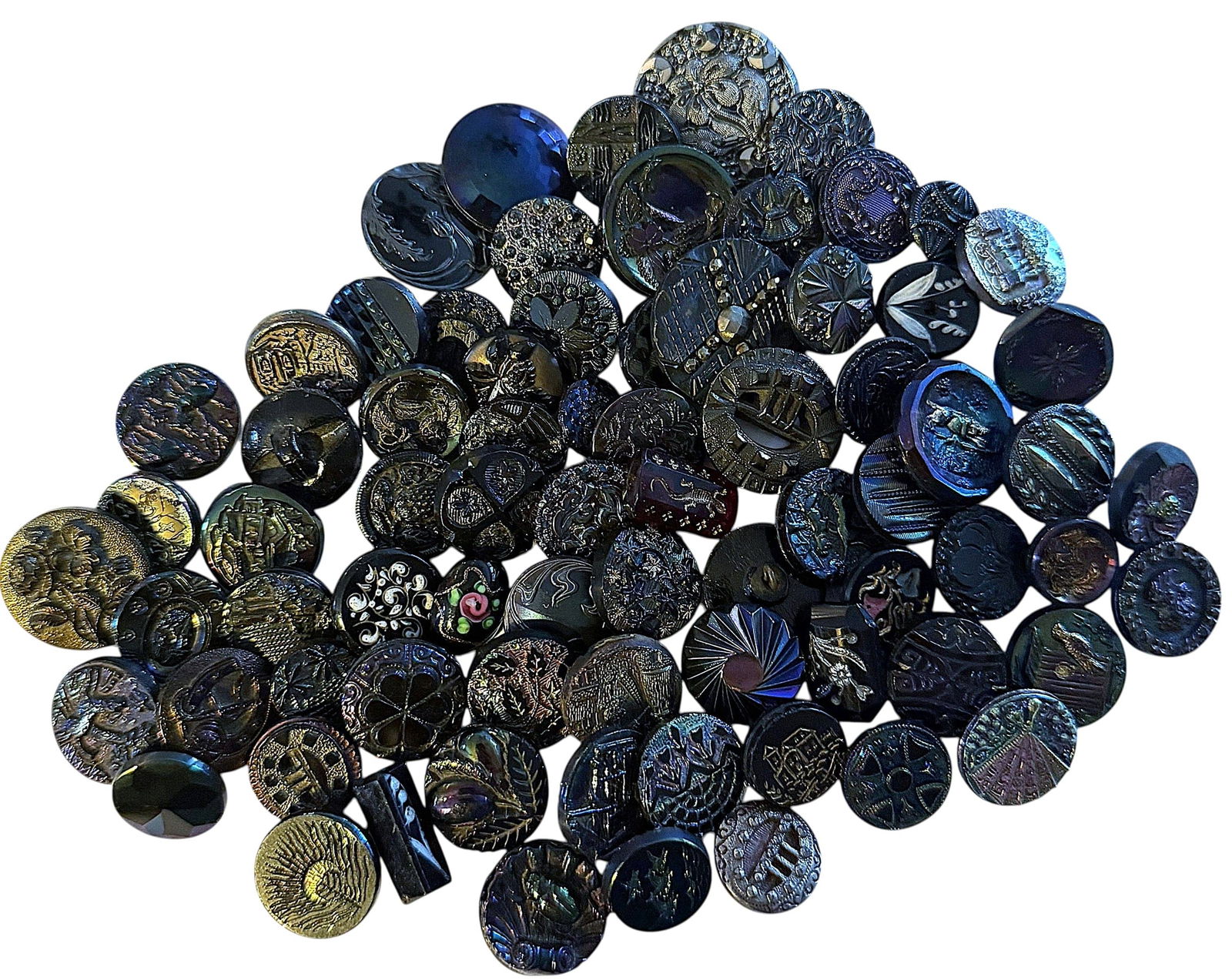 A NICE BAG LOT OF DIVISION ONE BLACK GLASS BUTTONS: An assortement of 19th century examples in various techniques. DimensionsSM=Less than 3/4", Medium=3/4" to 1 1/4". Large=1 1/4" and above, extra large=1 3/4" and above Date or EraDIVISION 1=PRE 1918 A