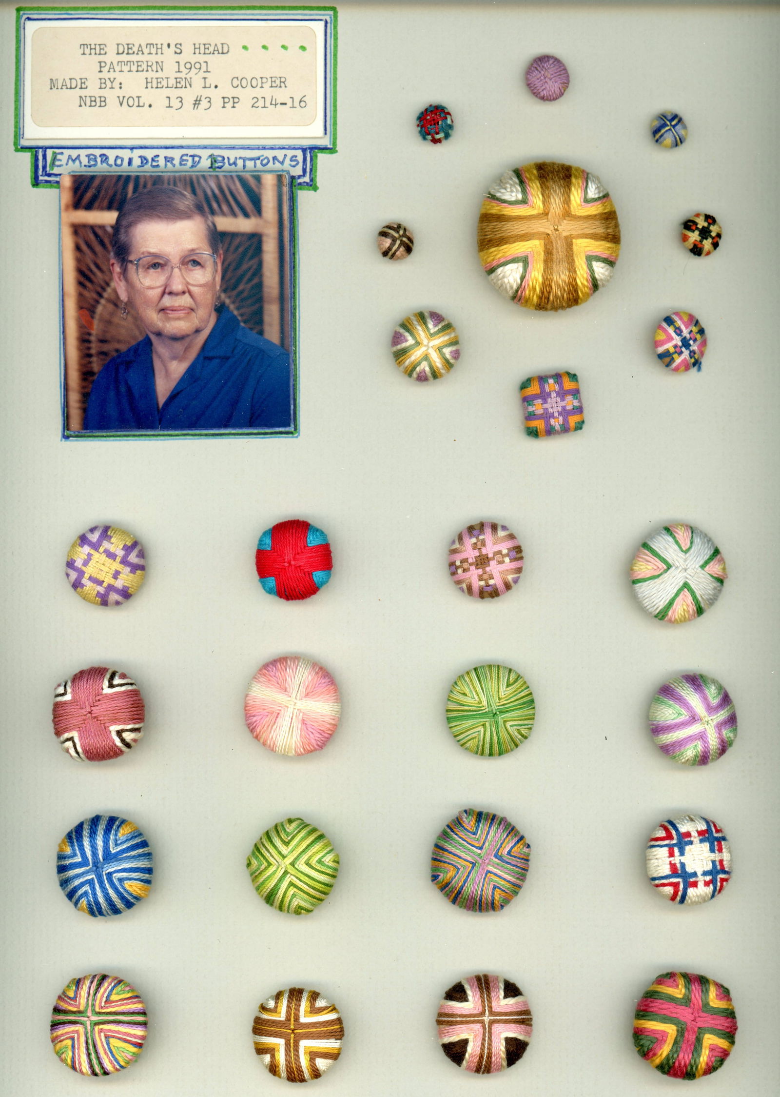 A CARD OF DIVISION ONE FABRIC BUITTONS: 25 S/M/L Buttons by Helen Cooper with the "Dead Head" pattern. Here is an interesting and colorful card of fabric patterned buttons created by the late Helen Cooper with a pattern that has been named