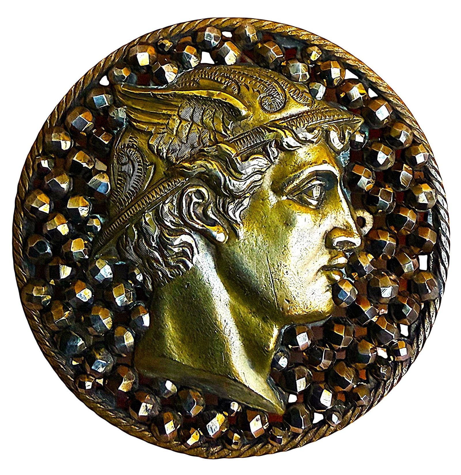 A DIVISION ONE PICTORIAL ALL OVER CUT STEEL BUTTON: 1 Extra large 19th century head in brass with brilliant steels. There are only a couple of buttons I now that are made this way. One is a dog head, one is a parrot head and this example. The brass hea