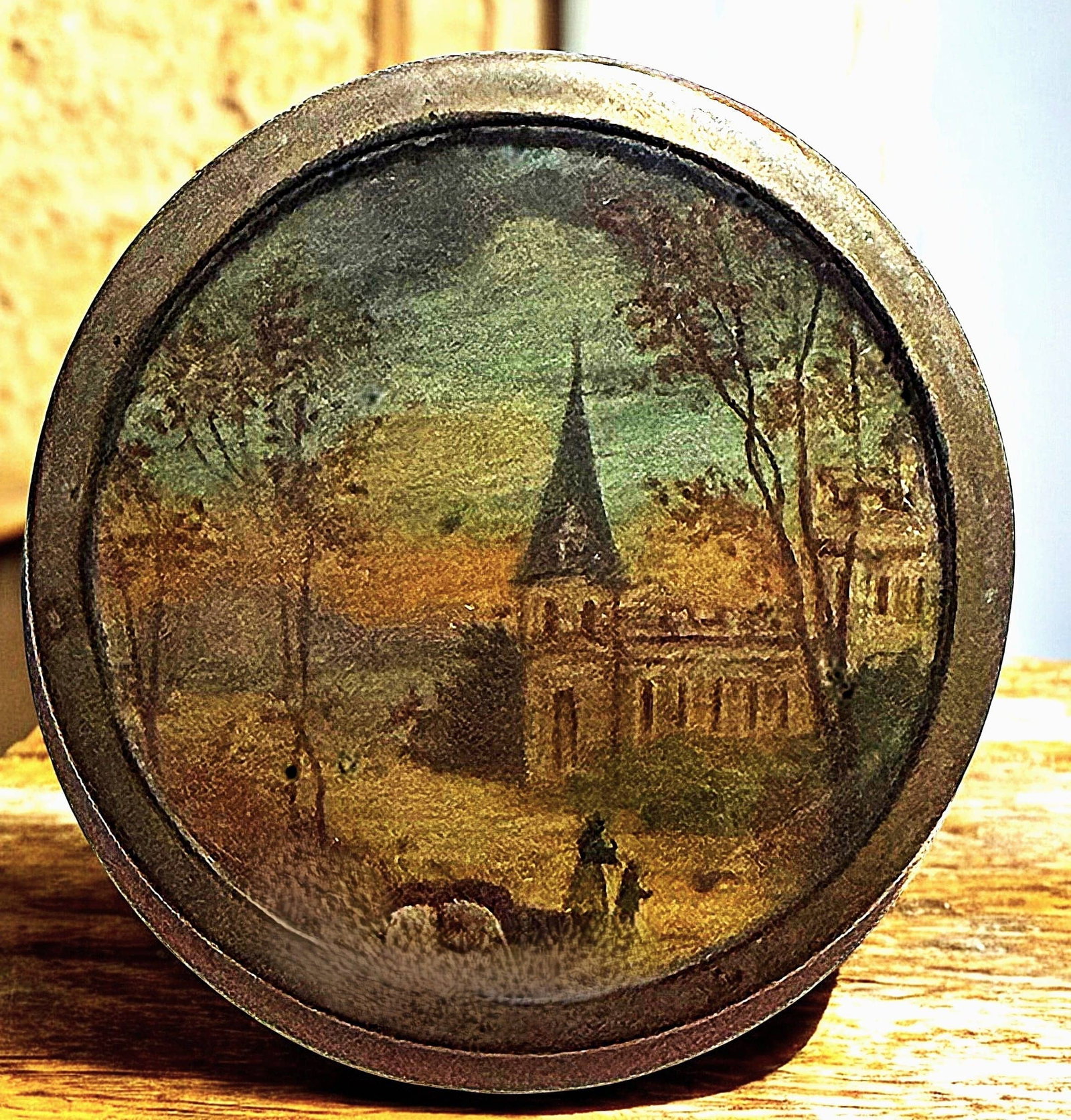 A DIVISION ONE PAINTING UNDER GLASS BUTTON: 1 Large Scenic late 18th early 19th century example. this detailed scene on board under glass is finely detailed and I love the colorations the artist used in crafting this nice example. This is a han