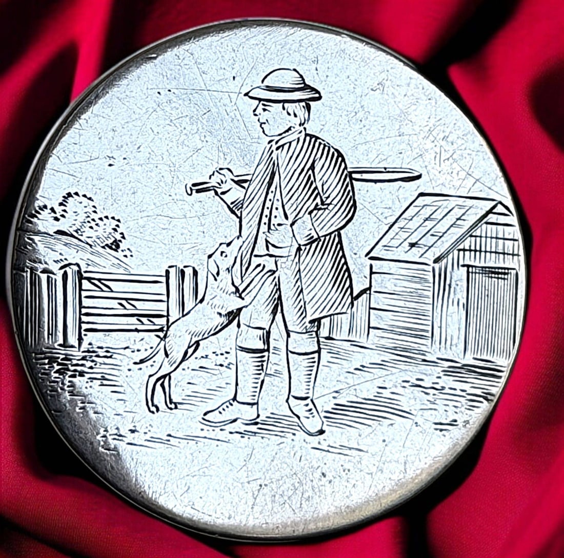 A RARE & WONDERFUL DIVISION ONE ENGRASVED SILVER BUTTON: 1 Large Medium 18th century Gentleman and Dog scene example. This detailed and crisp design on the engraving of this 18th century silver is quite incredible. The man dressed for an outing is standing