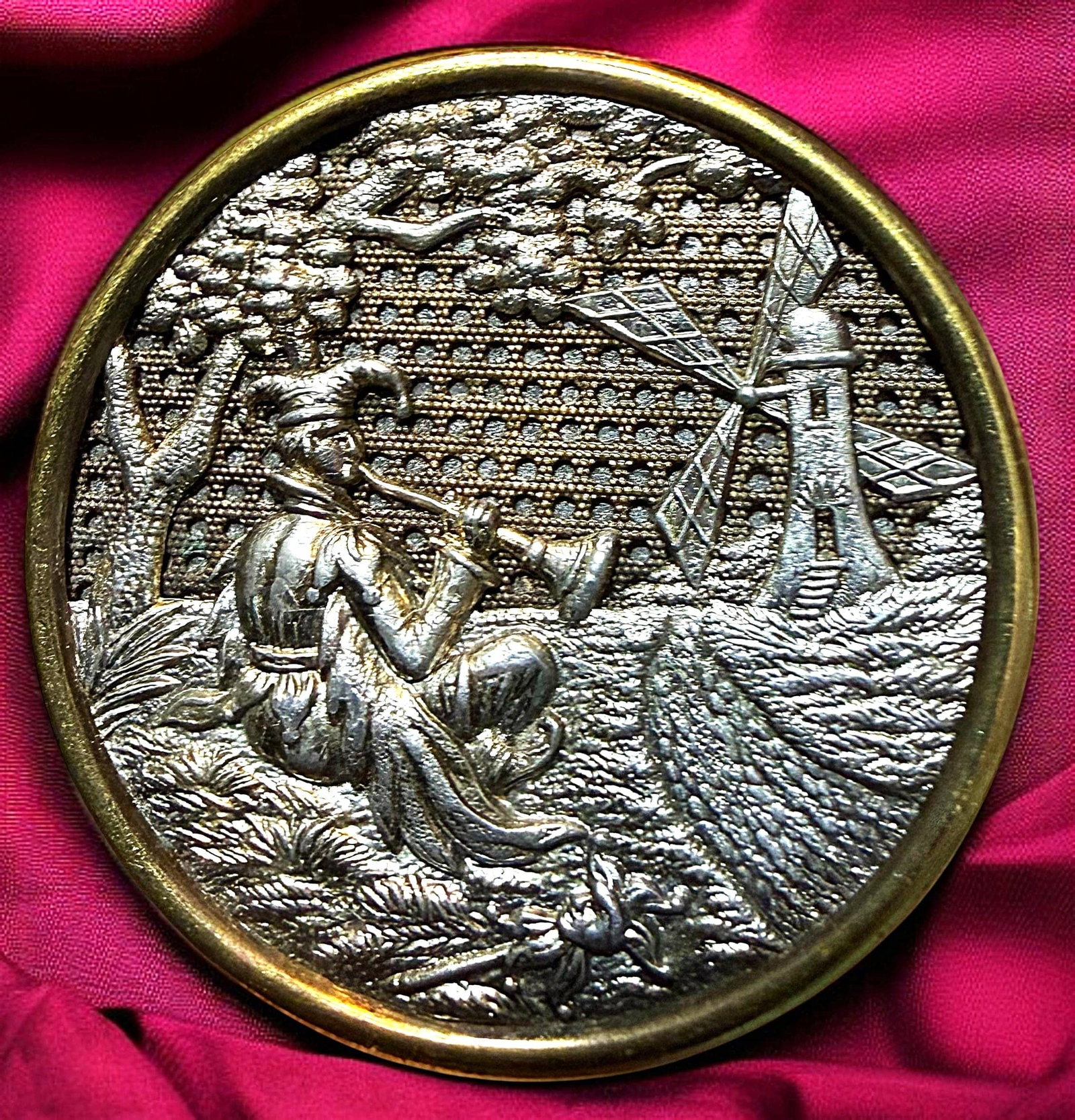 A DIVISION ONE TWO METAL PICTORIAL BUTTON: 1 Large 19thC. brass & pewter Musician with instrument example. This has always been a favorite picture button among collectors as the detail and charm of the scene is so well done. The scene is creat