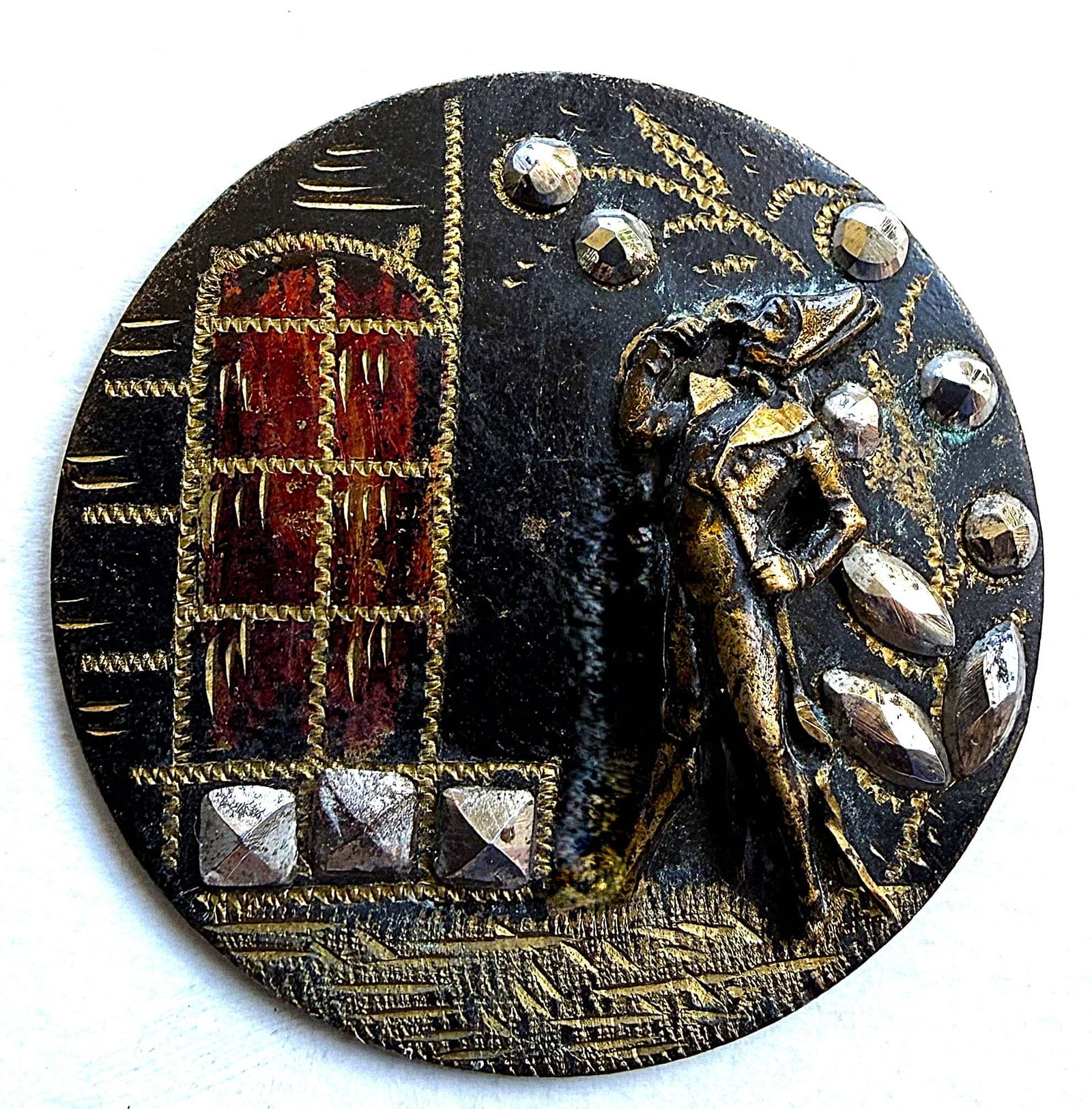 A DIVISION ONE TOLE FIGURAL BUTTON: 1 Large Medium 19th century relief figural fop example. This is a beautifully made tole and lacquered button with red tint and a full figured Fop of Incroyable. DimensionsSM=Less than 3/4", Medium=3/4