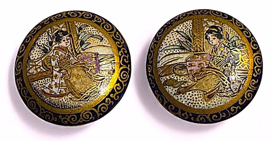 A PAIR OF DIVISION ONE JAPANESE SATSUMA BUTTONS: 2 Medium 19th century figural cobalt examples. This pair of Japanese ladies, each button a different design but obviously go together are vibrantly colored and full of lots of gold. The base color is