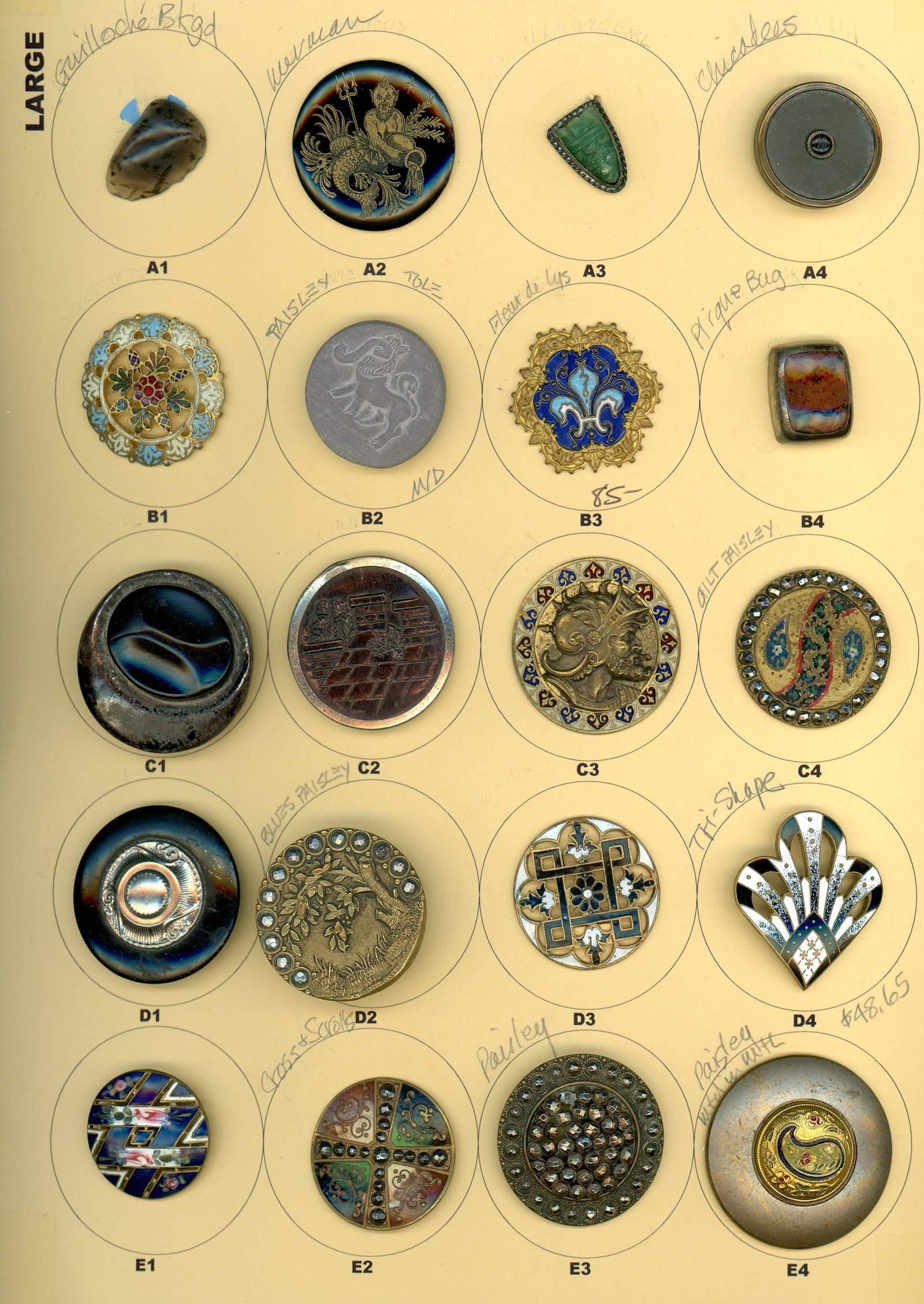 A CARD OF DIVISION 1 & 3 ASSORTED MATERIAL BUTTONS: 20 Medium/Large 19th/20th century examples including enamel. Here is a nice card from the Nikki Deal collection. Included are several very nice enamels including shapes. The card also includes