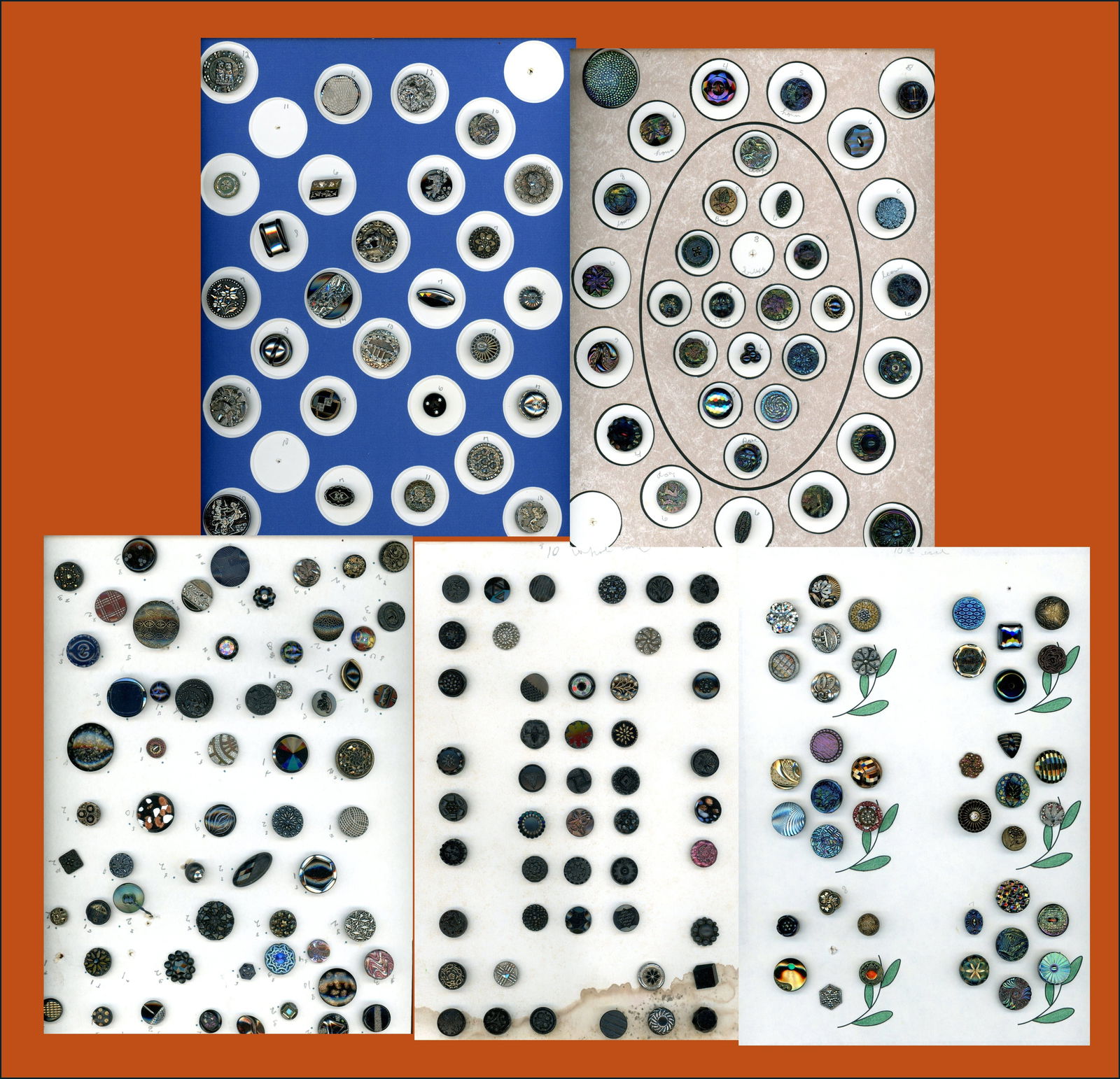 A BOX LOT OF 5 CARDS OF BUTTONS: 209 Small/Medium 19th/20th C. assorted technique examples. This lot includes a large selection of lusters including silver, gold Aurora. The lot includes pictorials, shapes, all black and more. Dimens