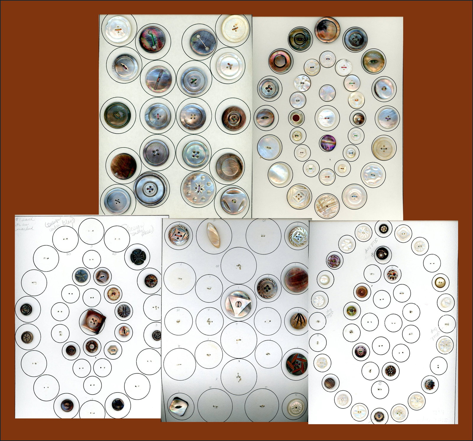 A BOX LOT OF 5 CARDS OF BUTTONS: 107 S/M/L late 19th/early 20th century shell examples. Here is a lot for the collector and the crafter as these shaded and white pearls include a plethora of patterns, designs, carved, plain and more.