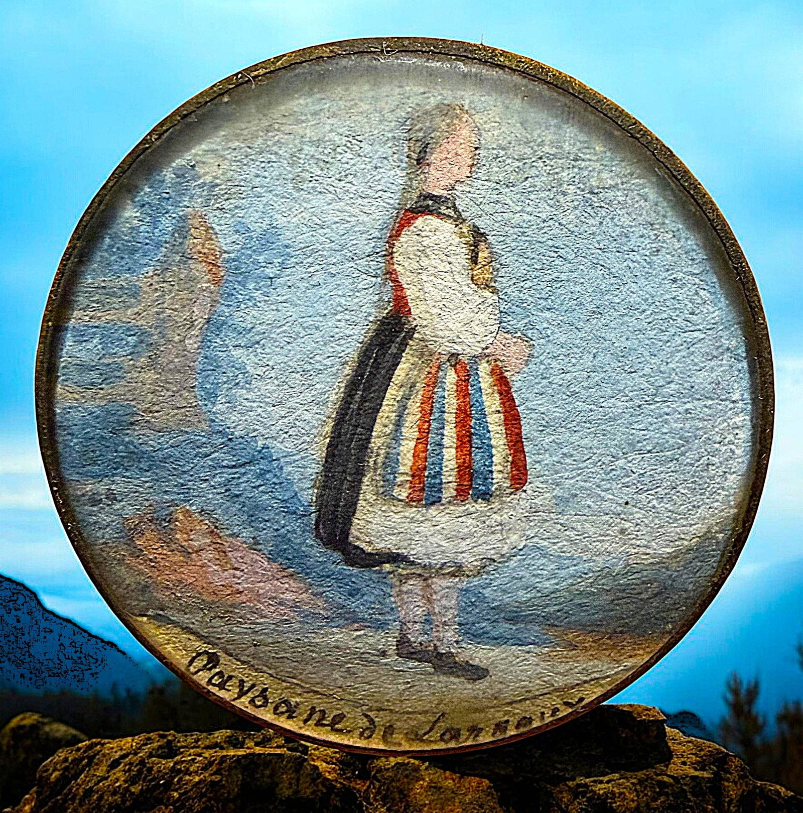 A DIVISION ONE PAINTED UNDER GLASS BUTTON: 1 Large 18th C. watercolor on paper figural Swiss example. This rare example. a female figure is from a larger set that the consignor acquired. The figurals and designs were hand painted on paper in S