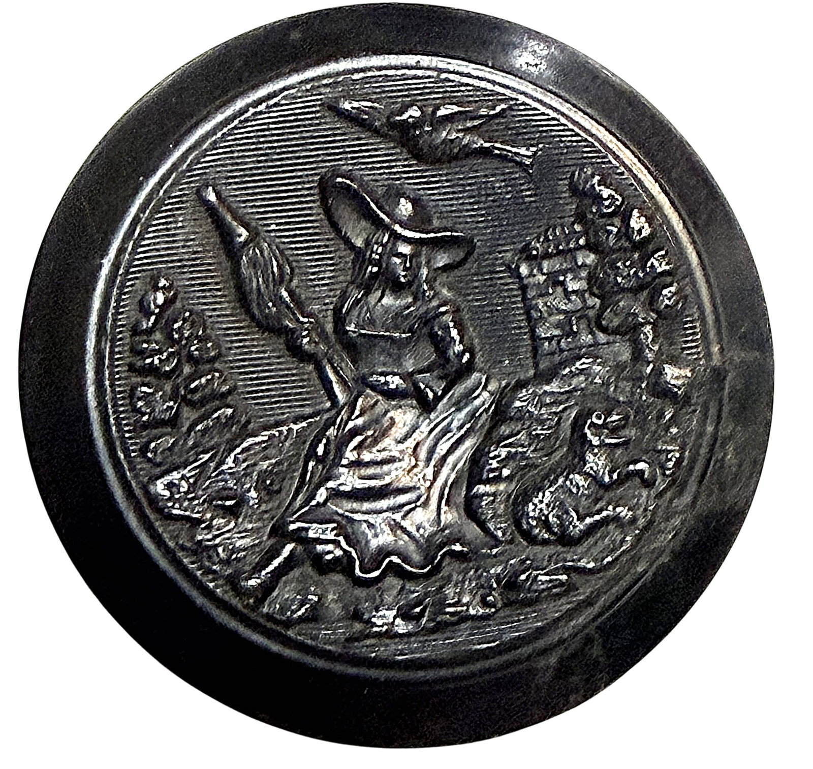 A DIVISION ONE MOLDED BLACK DYED HORN PICTORIAL BUTTON: 1 Large 19th century detailed lady and dog by her side example. This button pictured in the Big Book of Buttons by Hughes and Lester is found on plate 154 #3. This smaller large is the same design pic