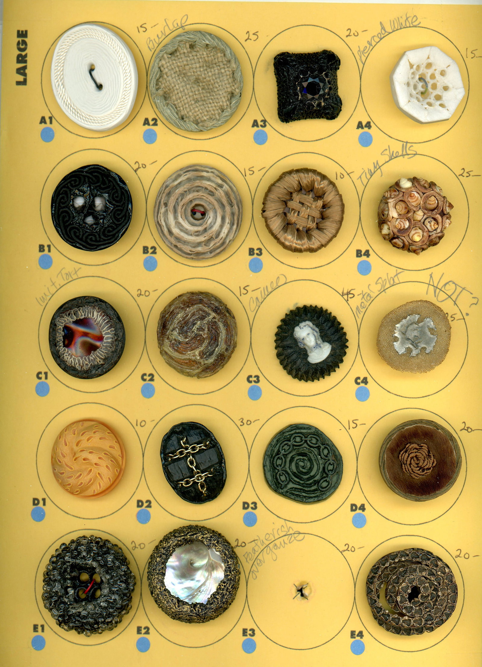 A CARD OF DIVISION THREE COUTURE STUDIO BUTTON: 19 Large 20th C. assorted crafted Couture buttons. To be honest here we are not experts in this area of button collecting. These Couture examples are a specialty of some collectors and you are