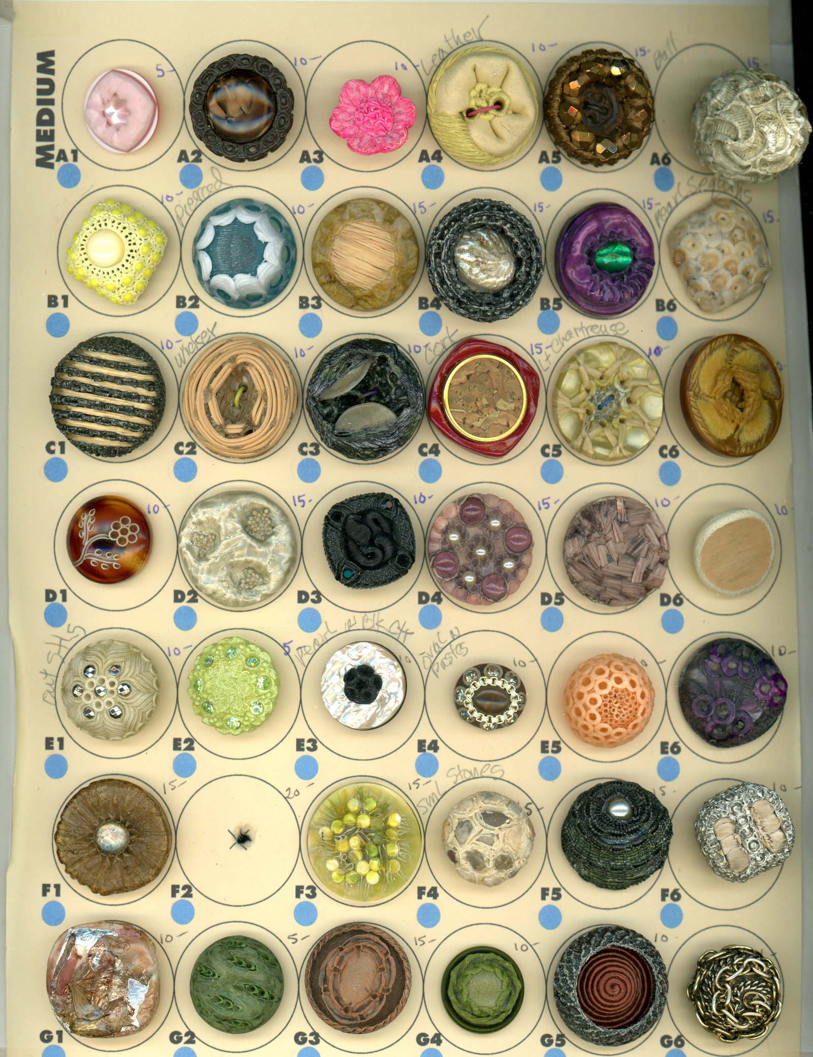 A CARD OF DIVISION THREE COUTURE STUDIO BUTTON: 35 Medium 20th C. assorted crafted Couture buttons. To be honest here we are not experts in this area of button collecting. These Couture examples are a specialty of some collectors and you are probab