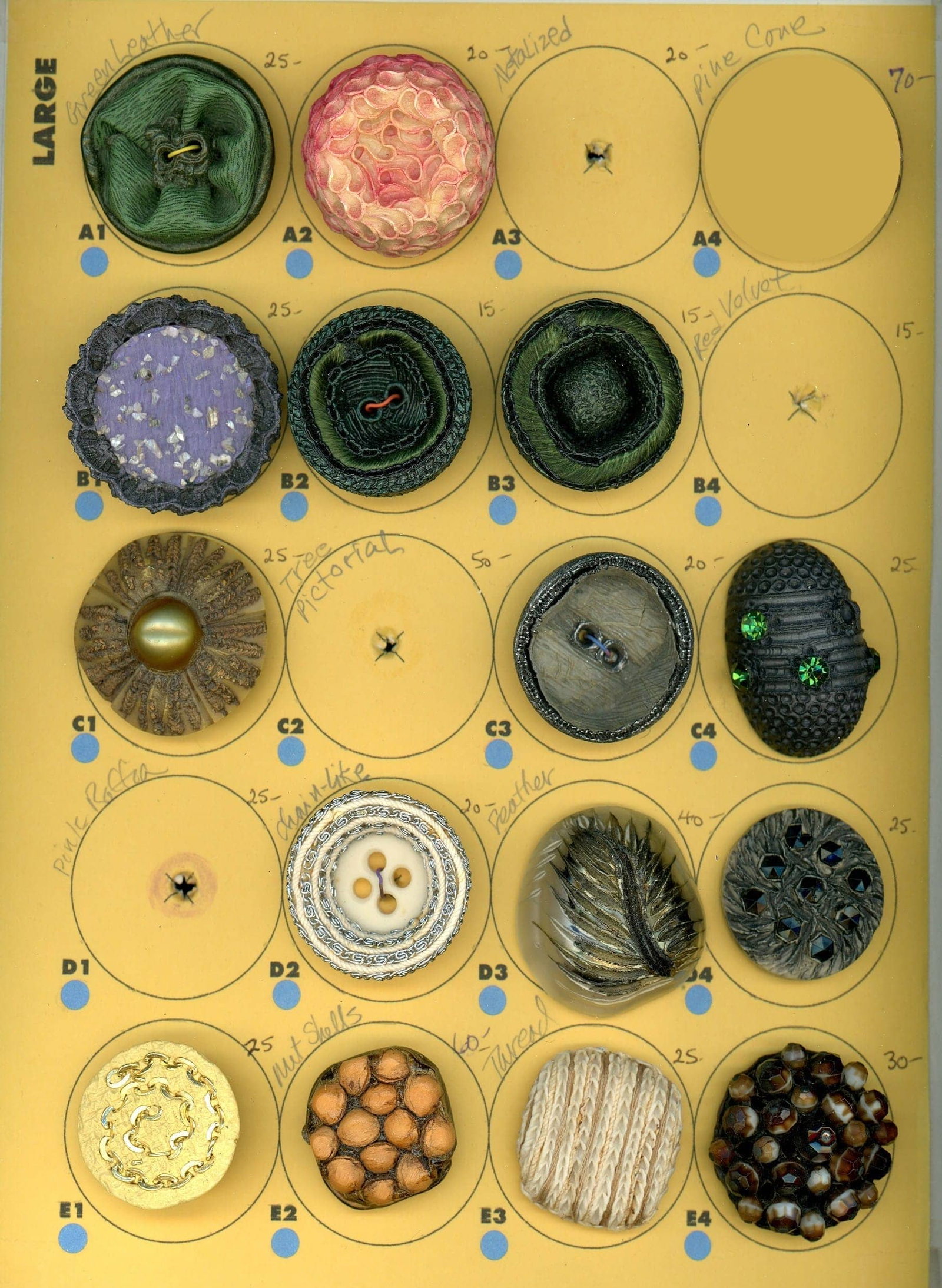 A CARD OF DIVISION THREE COUTURE STUDIO BUTTON: 15 Large 20th C. assorted crafted Couture buttons. To be honest here we are not experts in this area of button collecting. These Couture examples are a specialty of some collectors and you are probabl