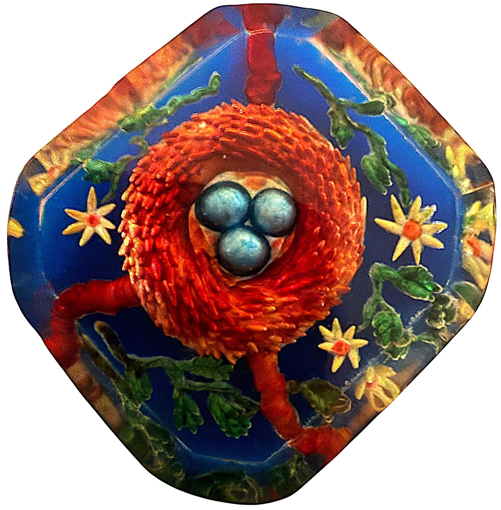 A DIVISION THREE STUDIO ARTIST BUTTON: 1 Large 21st century reverse carved Lucite example. This beautifully back carved and colored Lucite button was hand made by Cheryl Empson who no longer is making buttons. I recall selling many of her