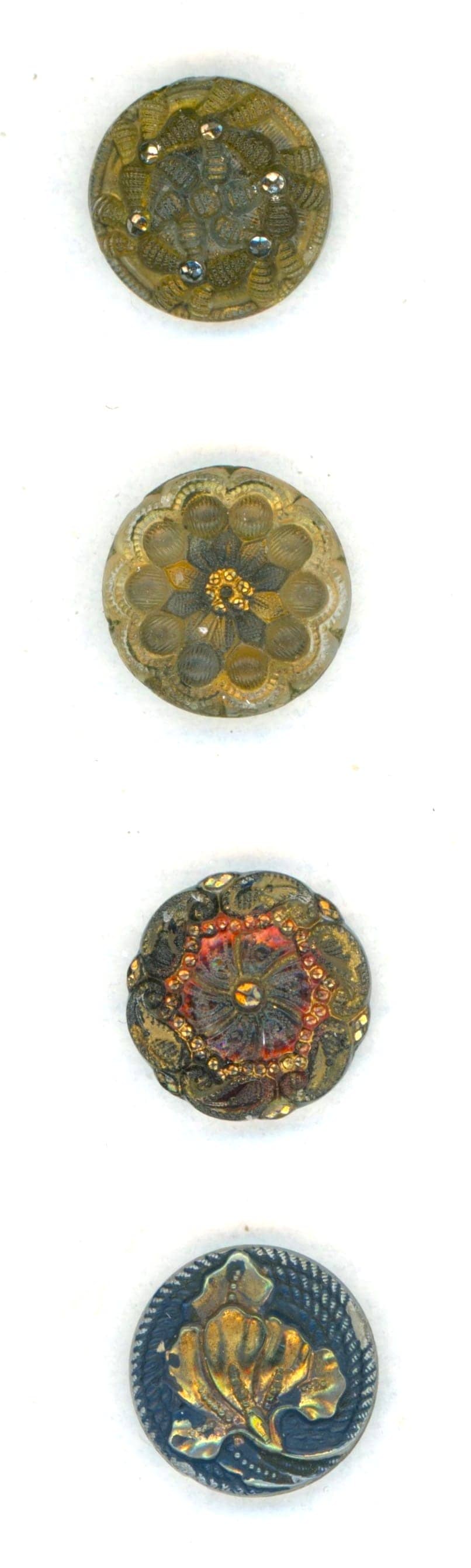 A SMALL CARD OF DIVISION ONE LACY GLASS BUTTONS: 4 Small 19th century colorful examples. This card includes 4 different examples of the ever desirable Lacy Glass buttons from the Czech Republic from the late 1800's. DimensionsSM=Less than 3/4", Medi