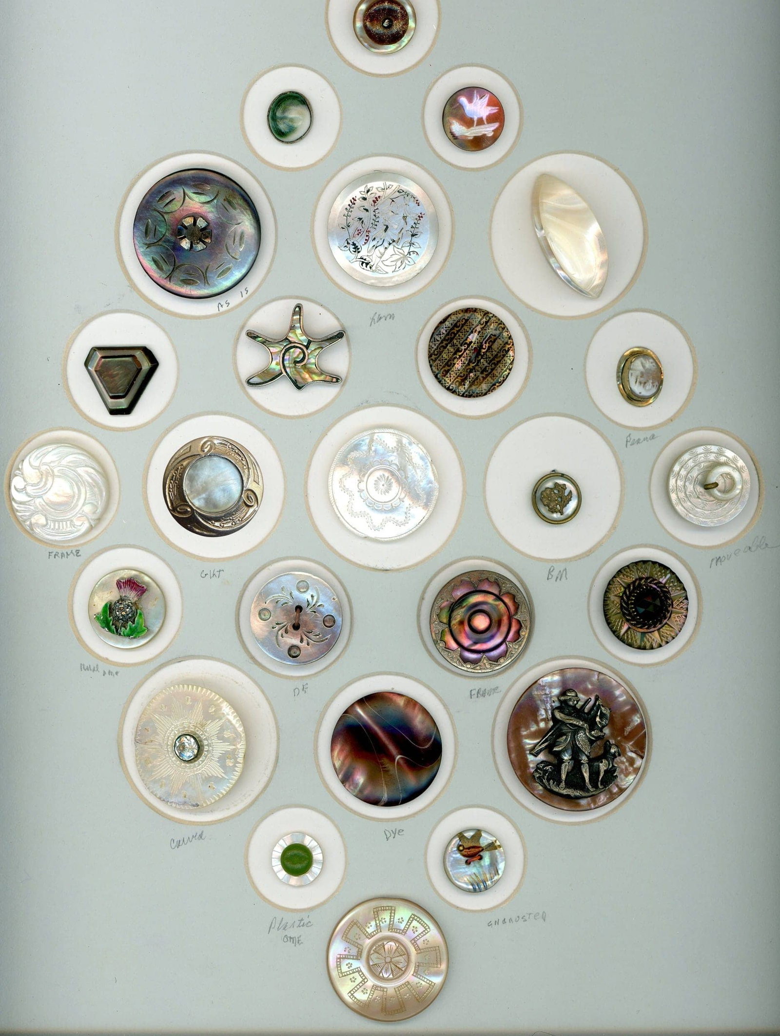 A CARD OF DIVISION ONE AND THREE SHELL BUTTONS: 25 S/M/L 18th-20th century assorted technique examples. This is a lovely card of shell and pearl buttons including some wonderful examples like a couple of nice 18th century examples, an oval helmet s