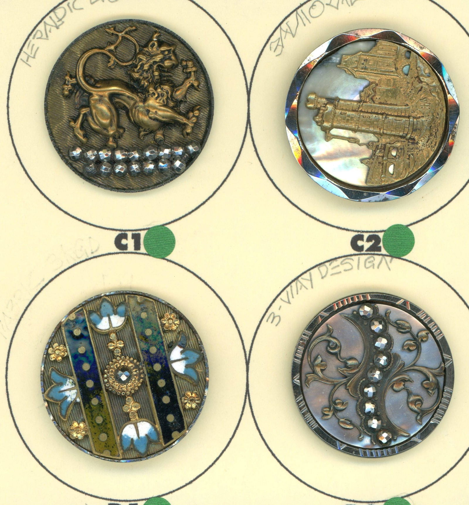 A SMALL CARD OF DIVISION ONE STEEL CUP BUTTONS: 4 Large 19th century examples including pictorial. This small card from the collection of Nikki Deal includes a wonderful depiction in brass over pearl in a steel cup of "Le Tour de Nestle " in France