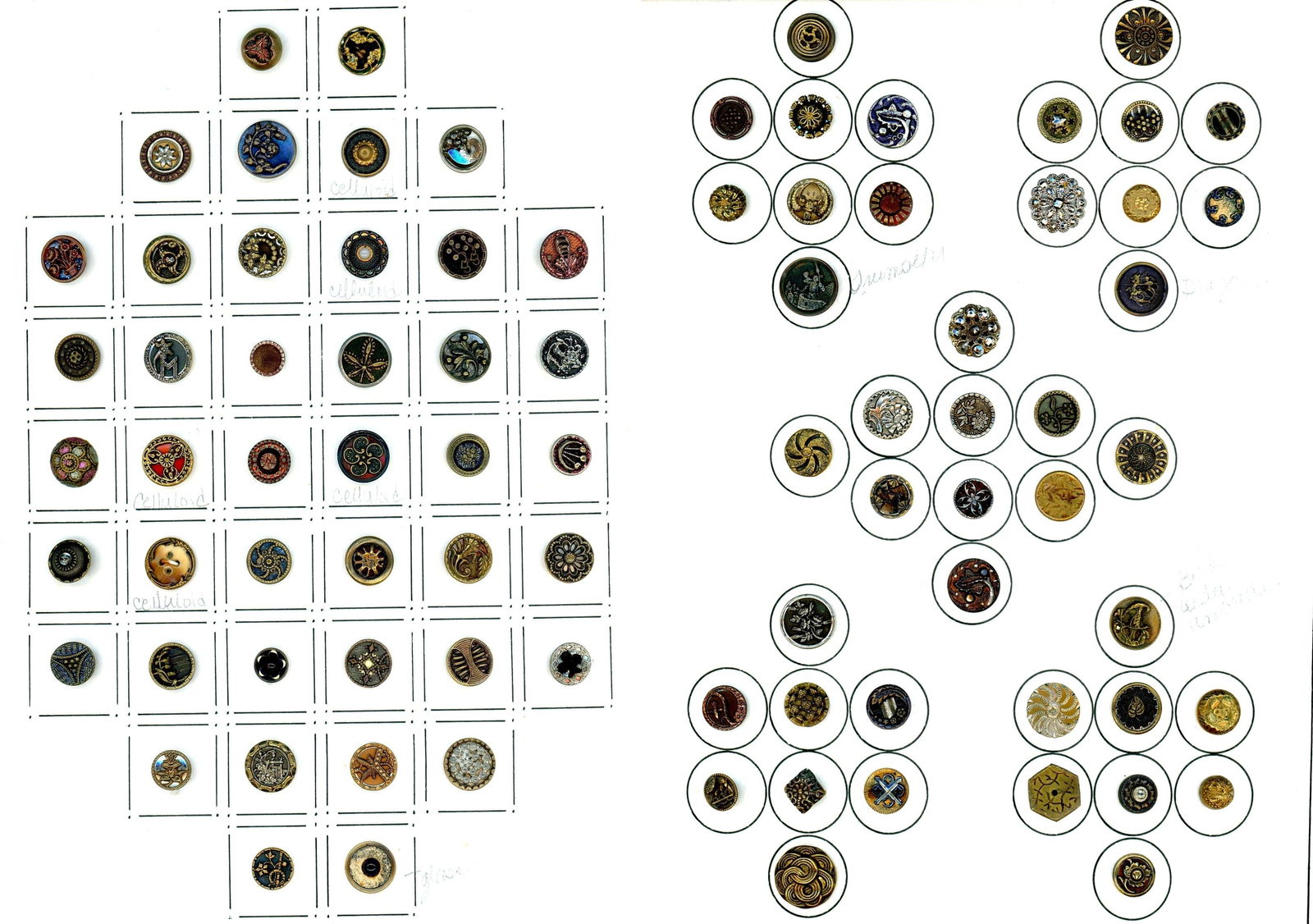 2 CARDS OF DIVISION ONE SMALL METAL BUTTONS: 84 Small 19th century Victorian period metal examples. This lot includes Victorian celluloids, pictorials, patterns and more. Great selection. DimensionsSM=Less than 3/4", Medium=3/4" to 1 1/4". Large