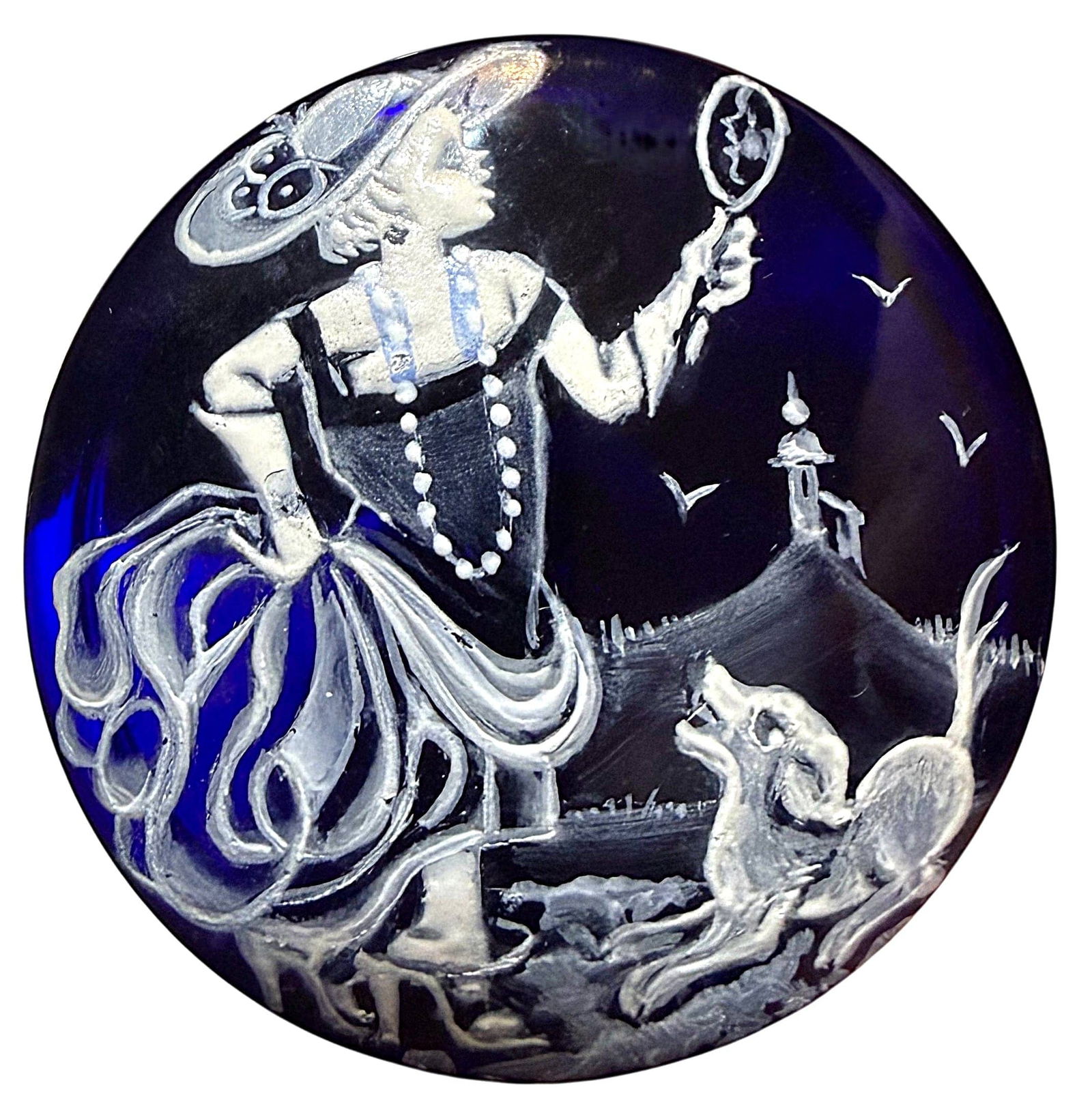 A DIVISION 3 MARY GREGORY STYLE GLASS BUTTON: 1 Large enamel decorated glass 21st C. cobalt children button. This example is one of the most desirable and harder to find today example and is called "PLAYING DESSUP". These backmarked examples in