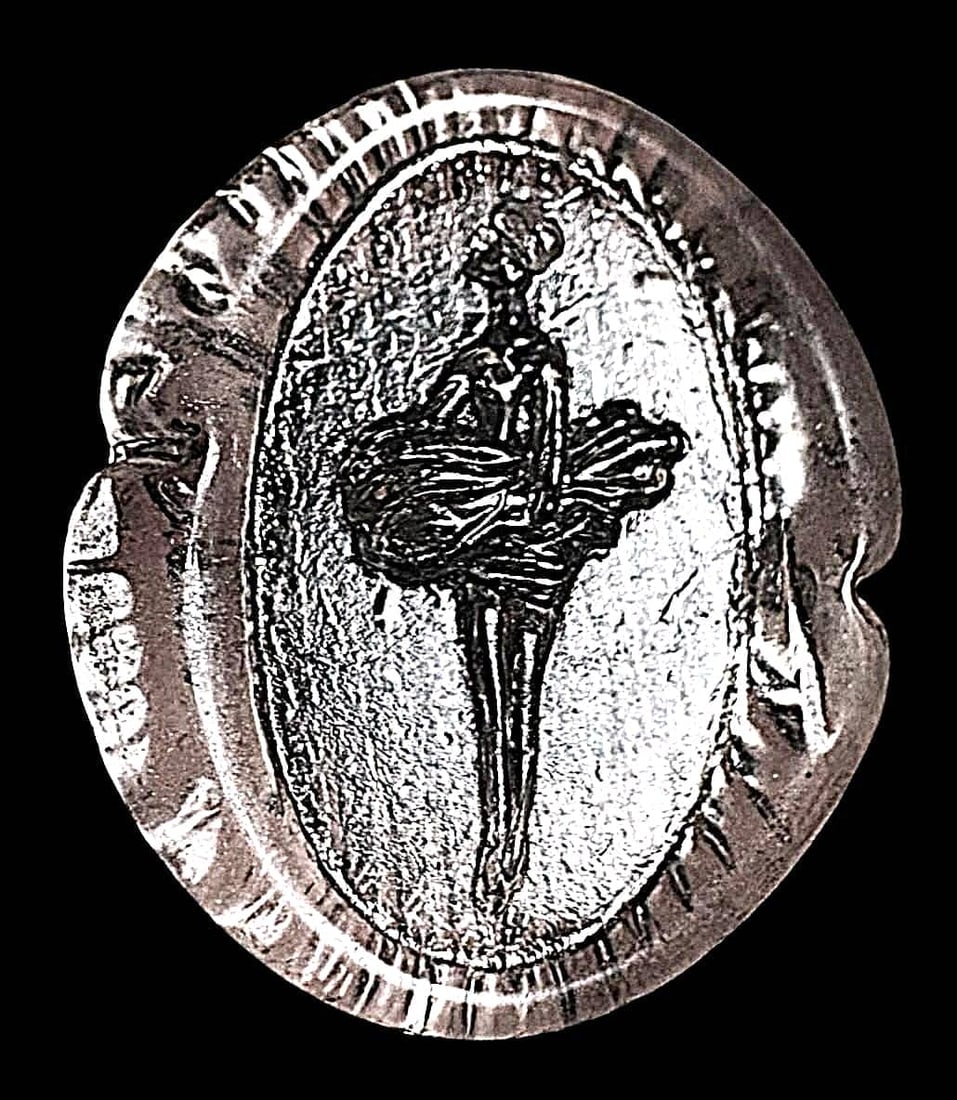 A DIVISION THREE ENGLISH GLASS BUTTON: 1 Large-Medium oval 1940's oval silver lustered Bimini Glass. Here is a nicely detailed example of a Ballerina. Bimini glass was made in England by Fritz Lampl and the Bimini Glass Works Company.