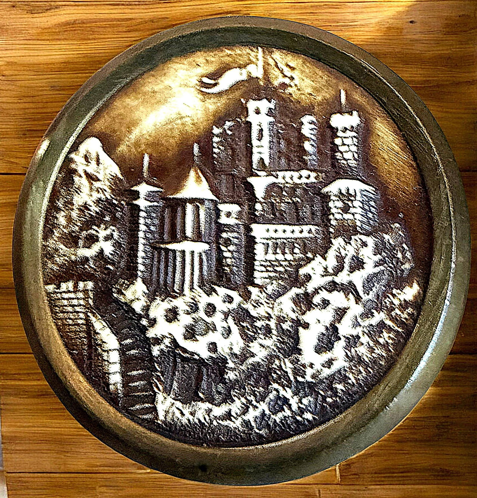 A DIVISION ONE ARCHITECTURAL STRUCTURE BUTTON: 1 Large 19th century Ivoroid tinted example. This large detailed early celluloid button known as Ivoroid to collectors is the less typical architectural example found. The sepia tinting accent and hig