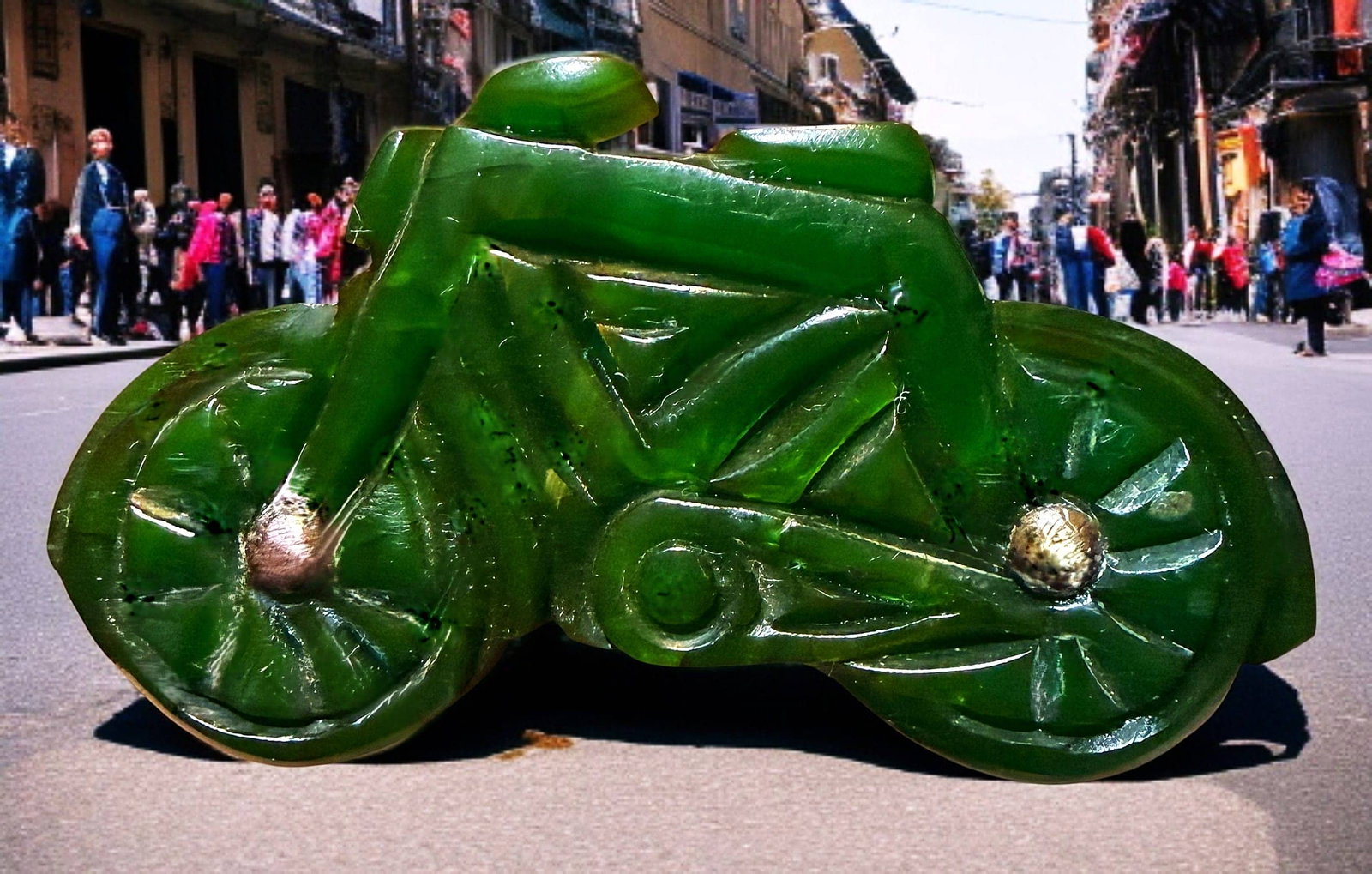 A VERY RARE DIVISION THREE CHUNKY BAKELITE BUTTON: 1 Large 1940's carved or engraved green Motorcycle example. Here is a fantastic and rare example of a realistic Bakelite button. At first glance you may think the front wheel is funky, but look